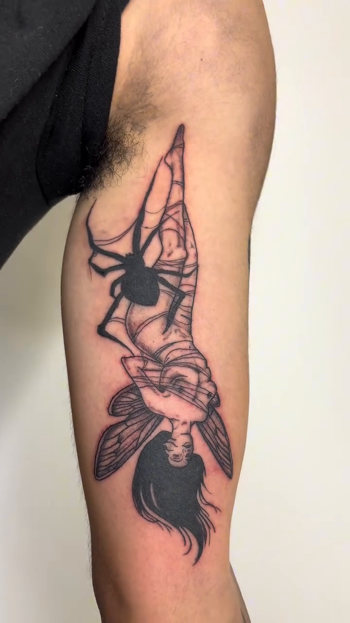 Fairy and spider web realism tattoo by Ryan Walker