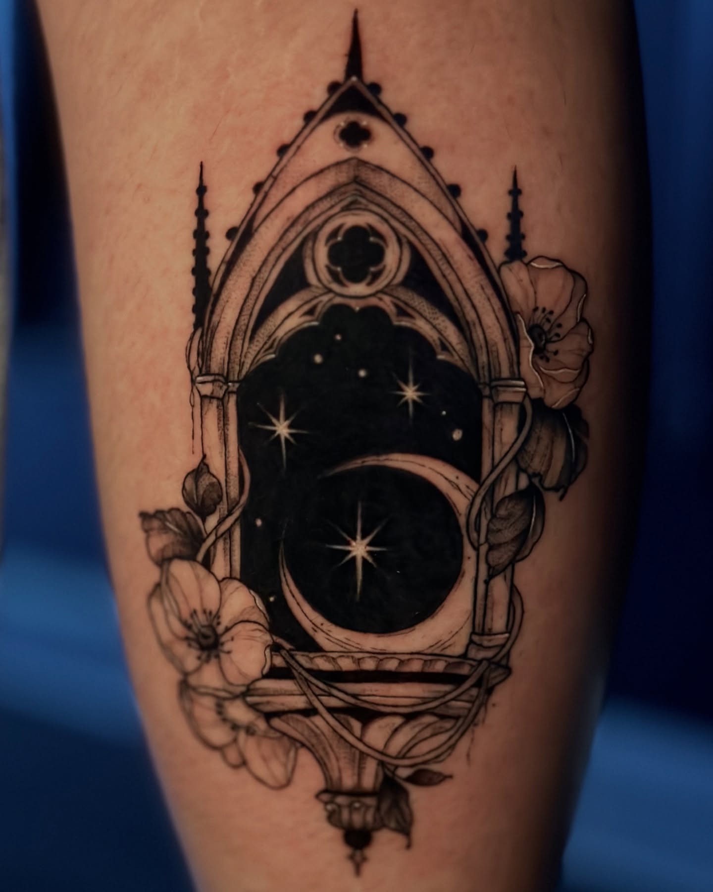 Gothic window geometric tattoo on the thigh by Sabrina, Harrison, New Jersey