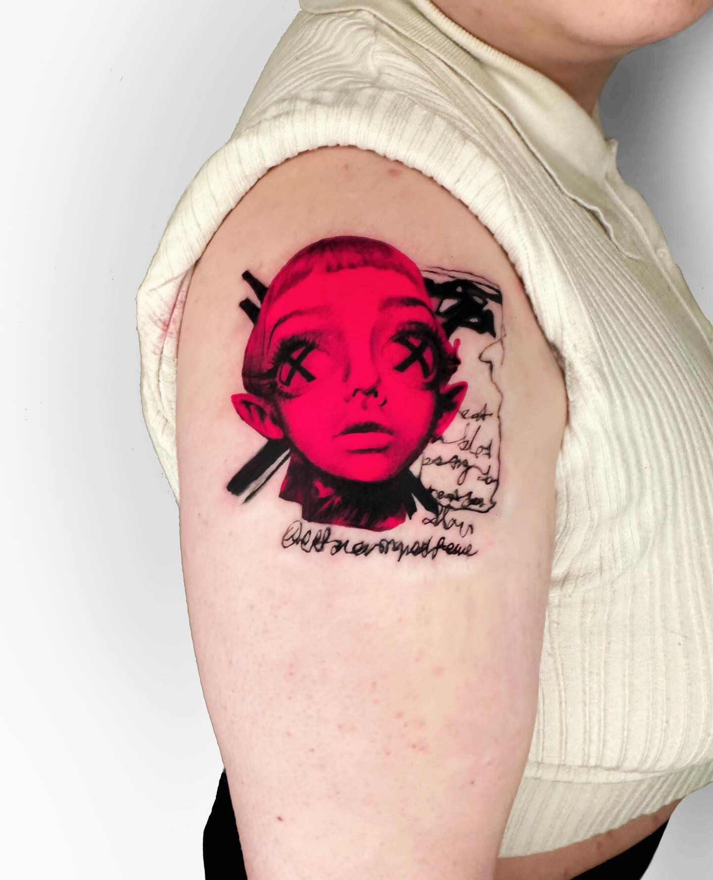 Abstract face dotwork tattoo on the shoulder by Bennie Bae