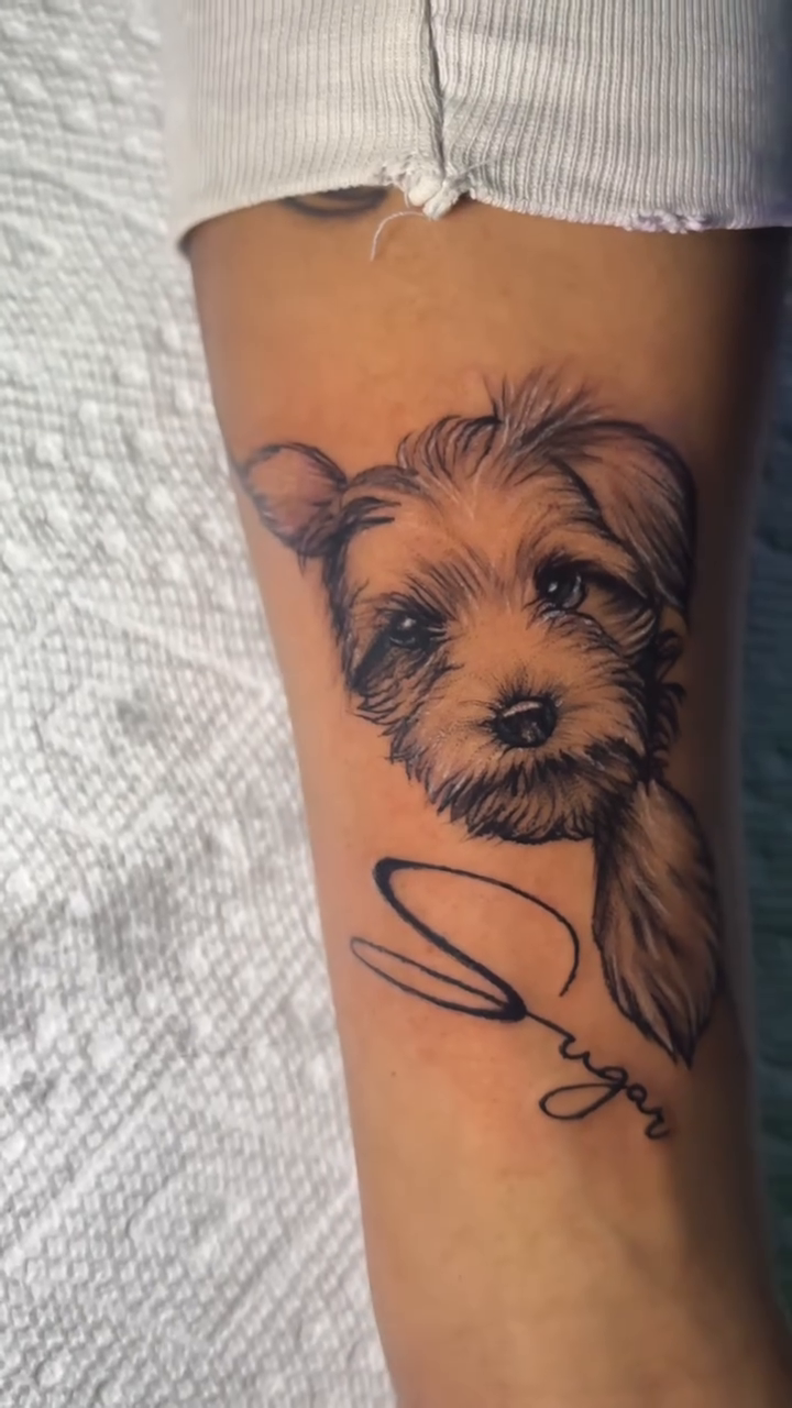 Dog portrait with name realism tattoo by Chicago Tattoo Artist