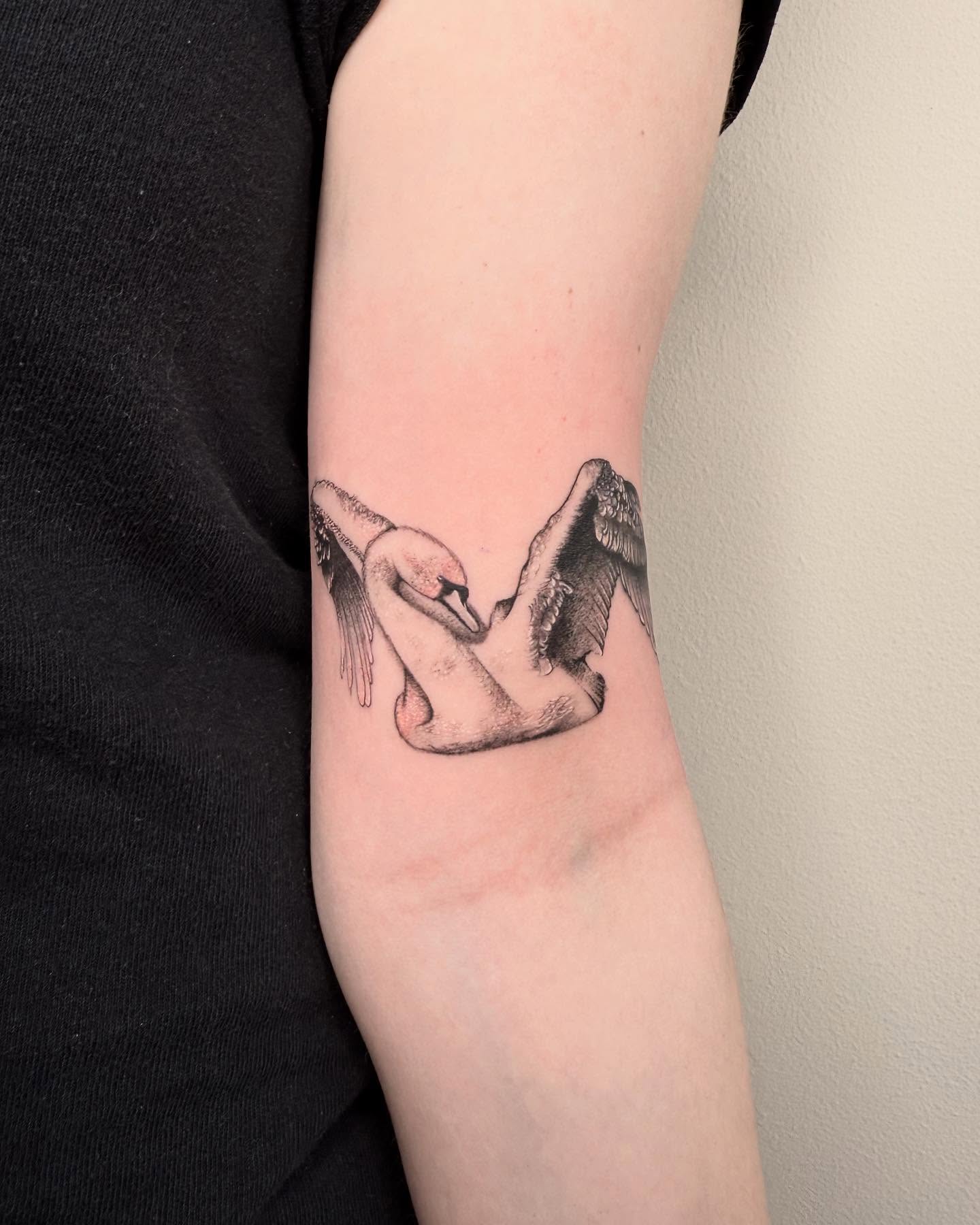 Swan and nude figure realism tattoo on the forearm by 🗡Addie Kat🗡