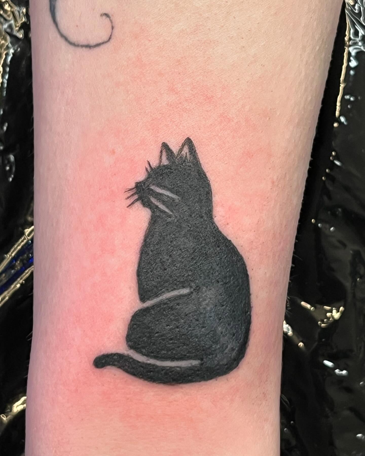 Cat silhouette black and grey tattoo on the forearm by ❦julia