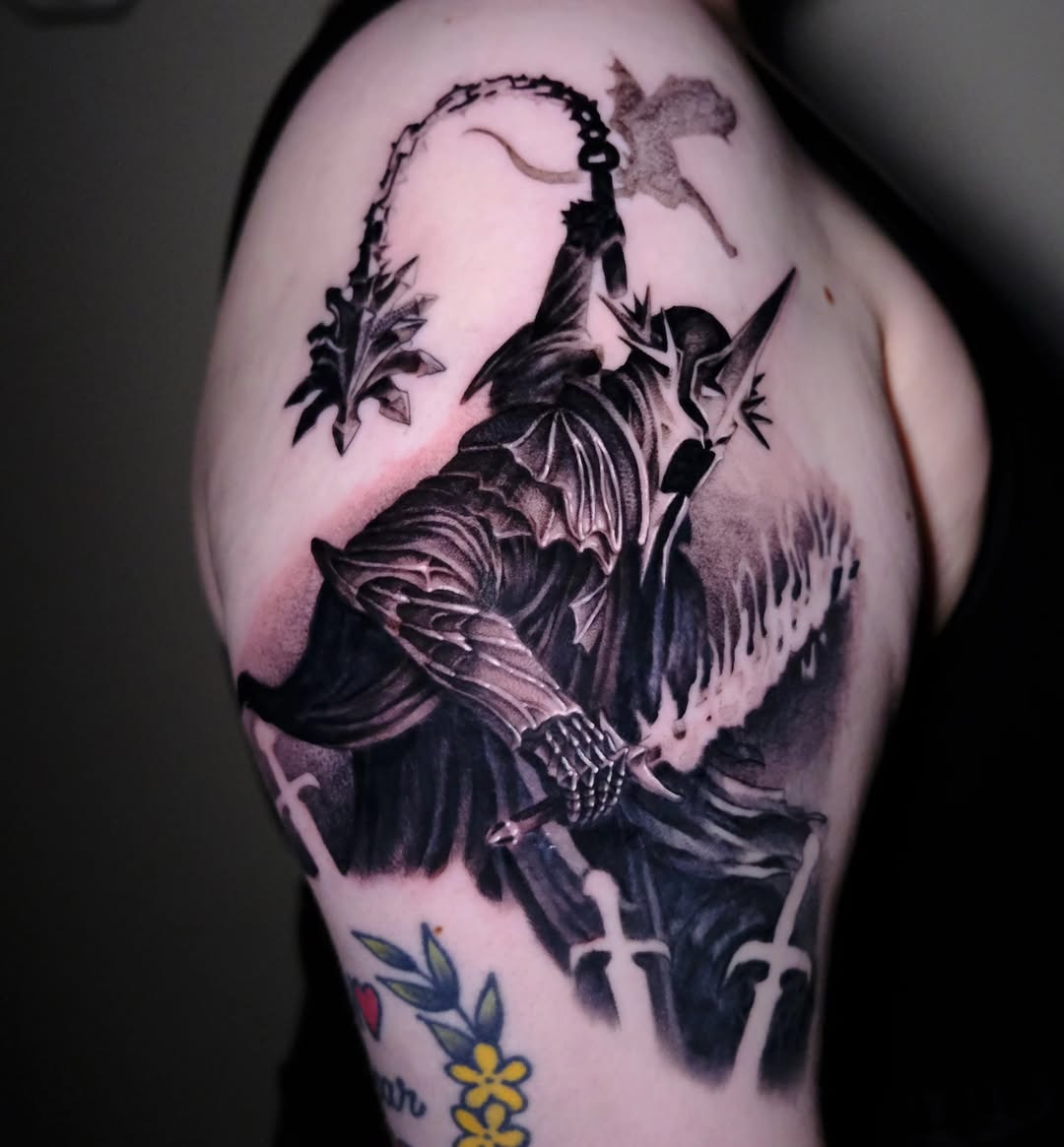 Witch-king of angmar dark art tattoo on the shoulder by Tash  - Seattle Tattoo Artist