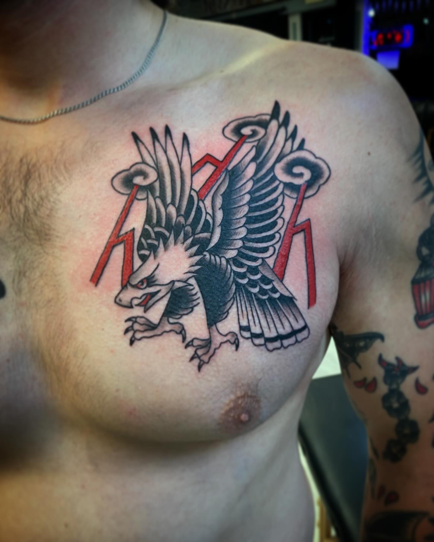 Eagle American traditional tattoo on the chest by Kyle Mitchell, Cincinnati