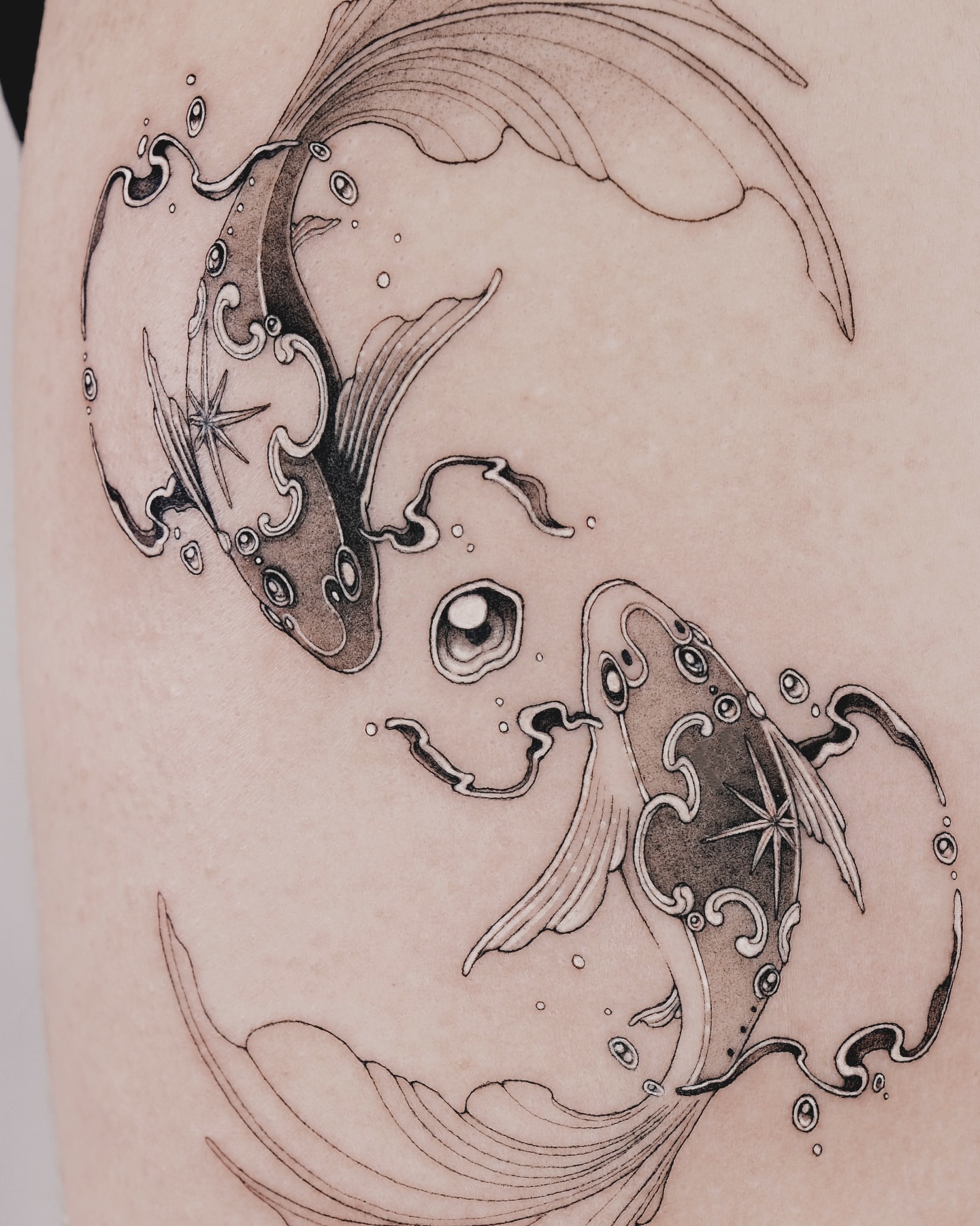 Koi fish black and grey tattoo on the thigh by p o b i