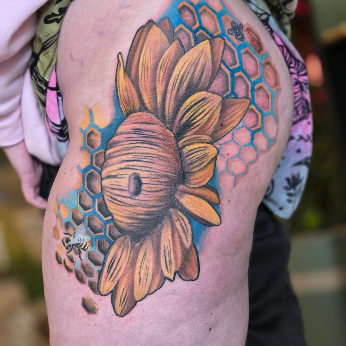Sunflower realism tattoo on the thigh by Jou Smile (Jo)