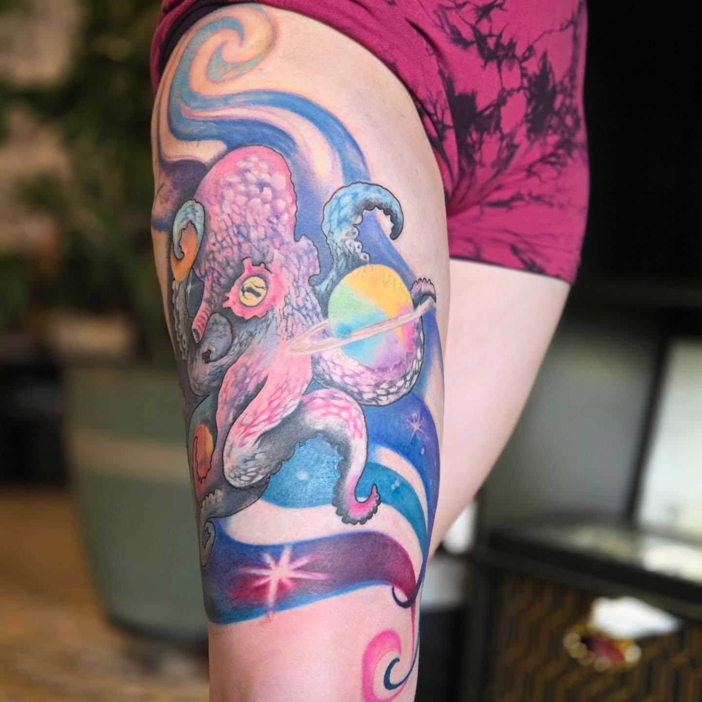 Octopus and planet new school tattoo on the thigh by Jou Smile (Jo)