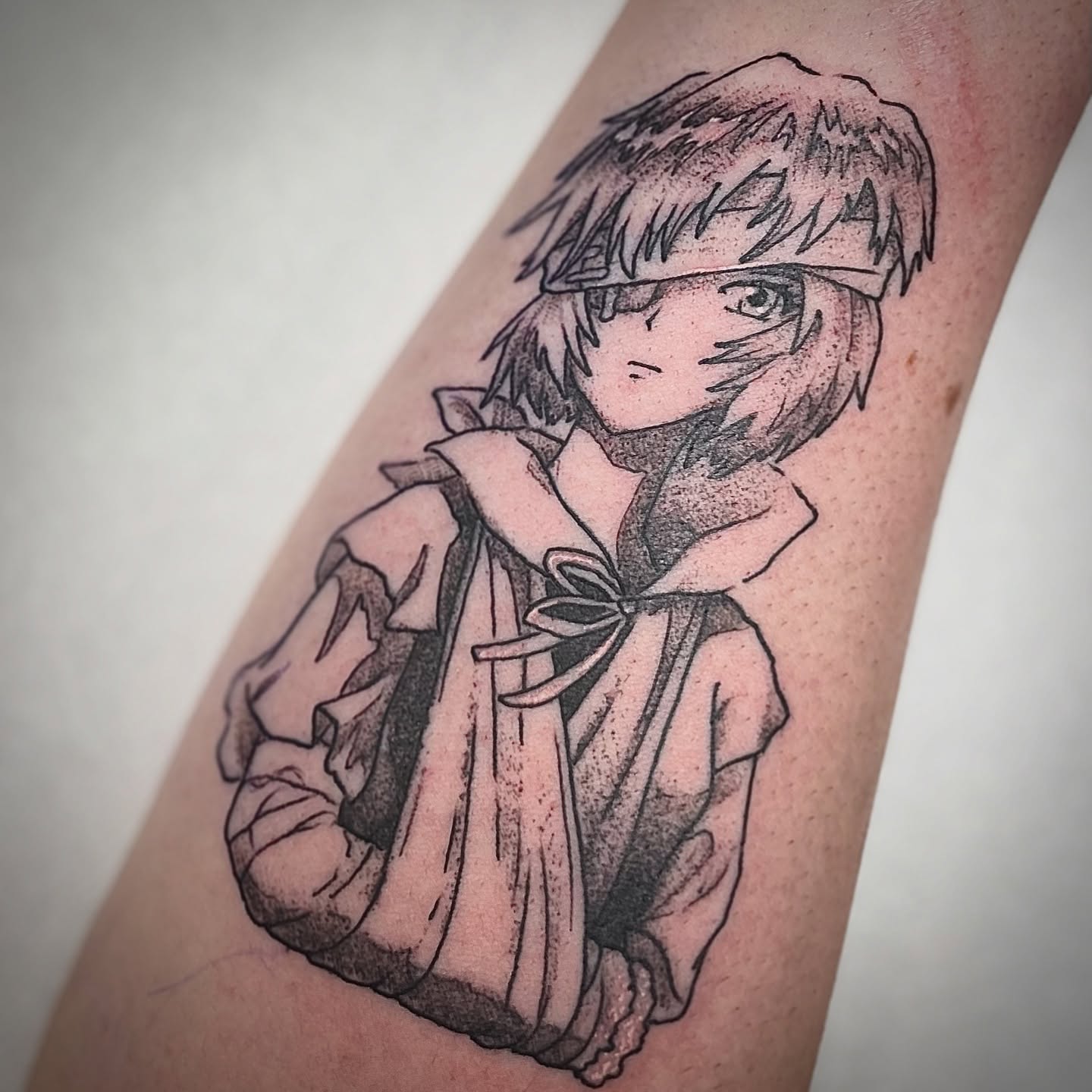 Anime character dotwork tattoo on the forearm by Will McCoy (Tattooist), Murray, Utah