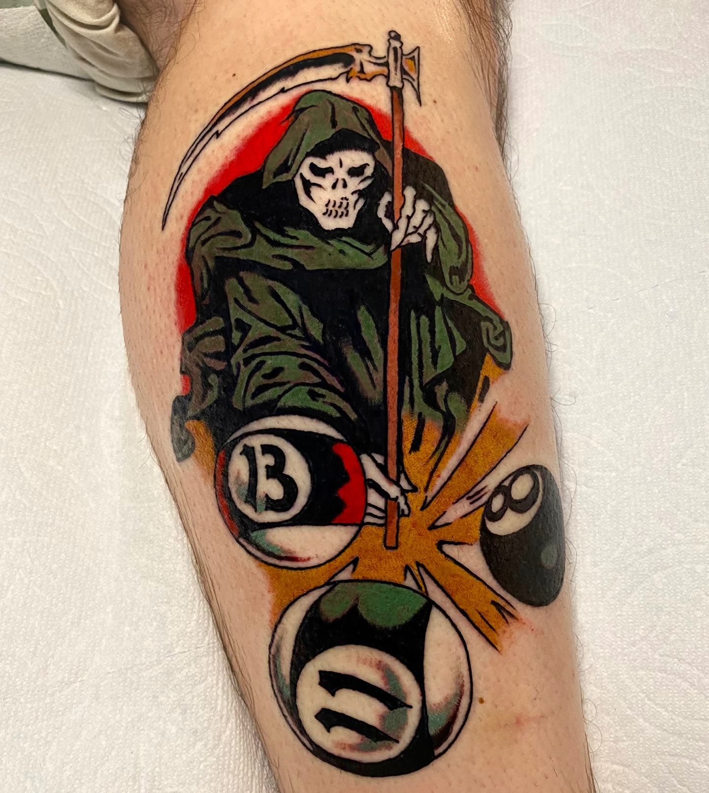 Grim reaper American traditional tattoo on the forearm by Haley Tucker, Sebastopol, California