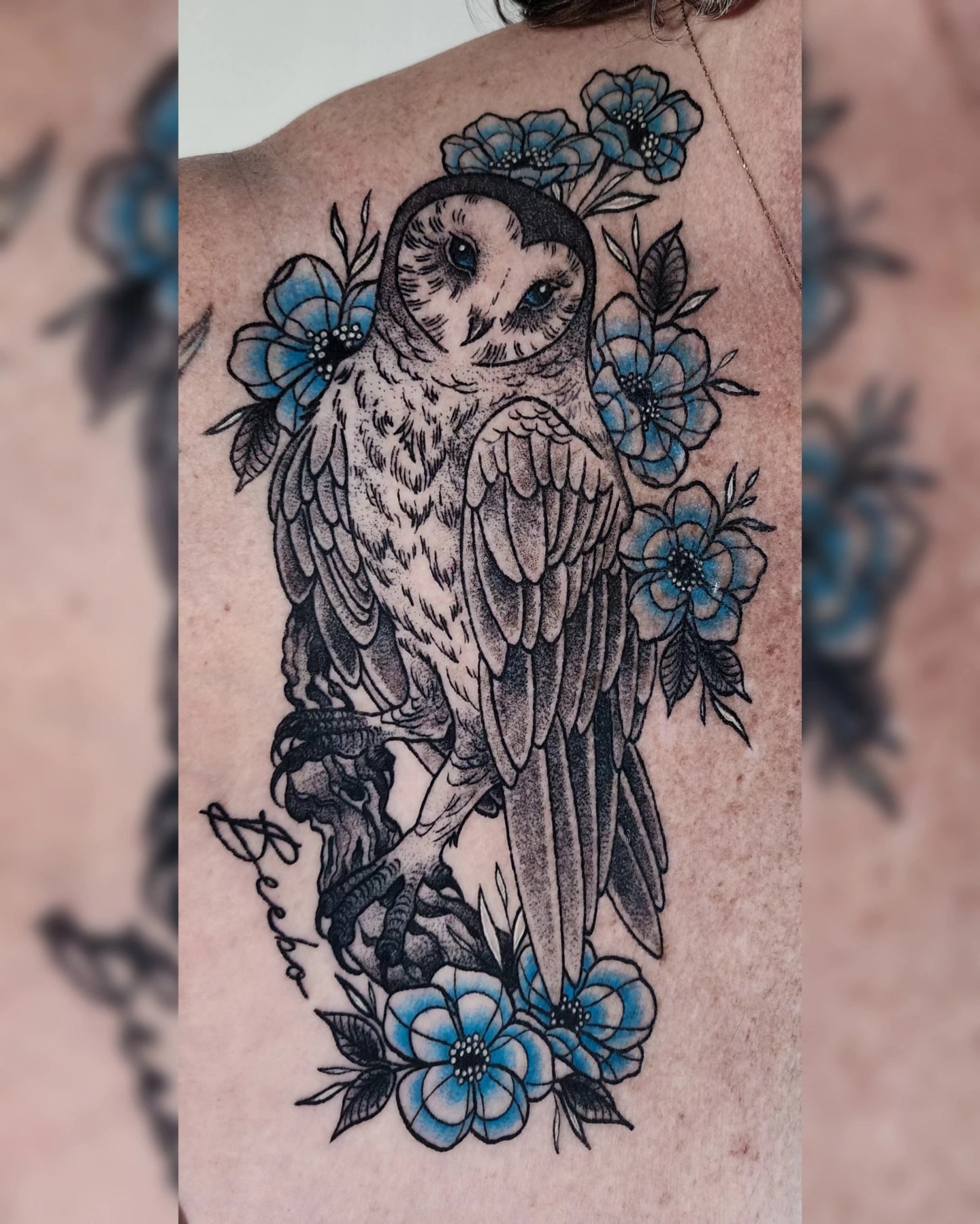Owl with flowers black and grey tattoo on the back by Mariah Giovanna Hodgens