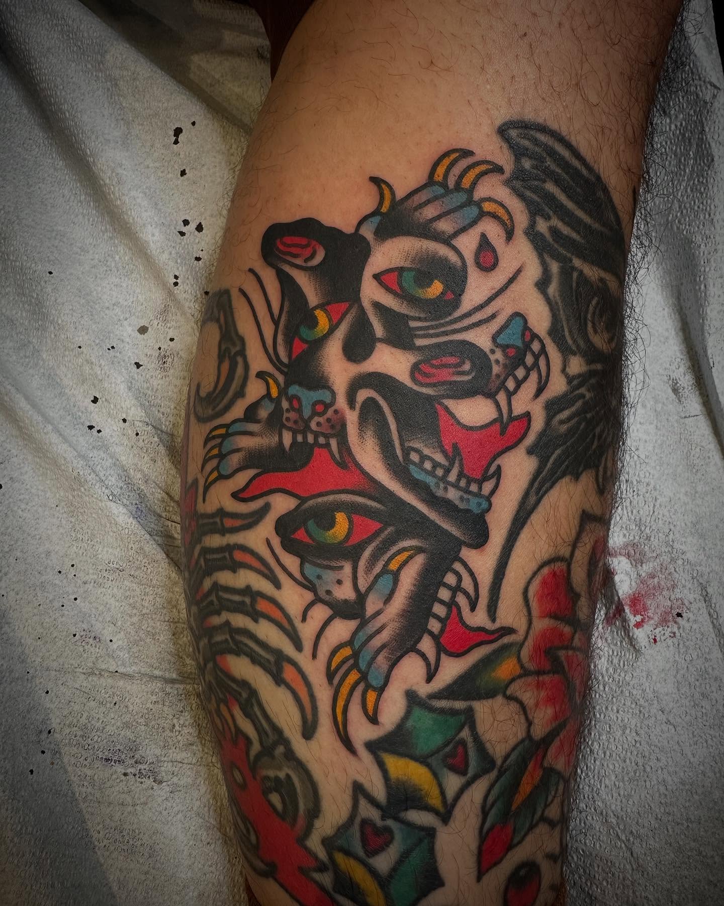Skull with horns American traditional tattoo on the forearm by Nathan Rohrbacher, Nashville, Tennessee
