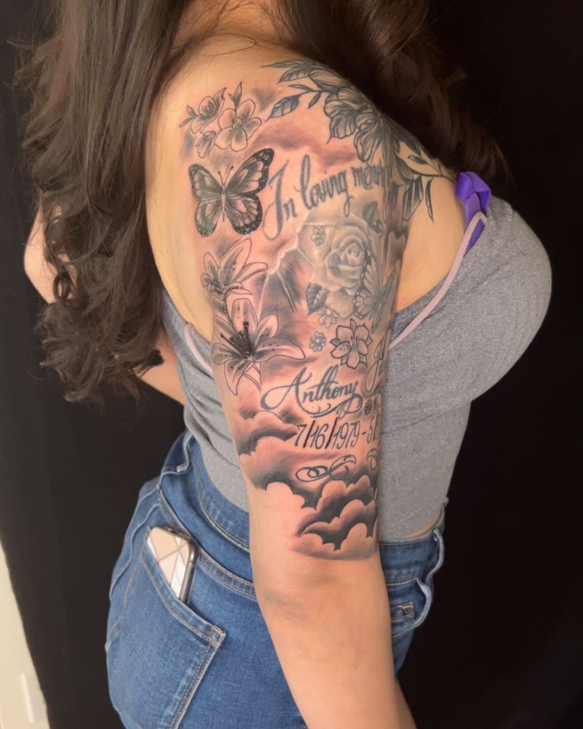 Memorial tattoo realism tattoo on the shoulder by Bryant Ramirez