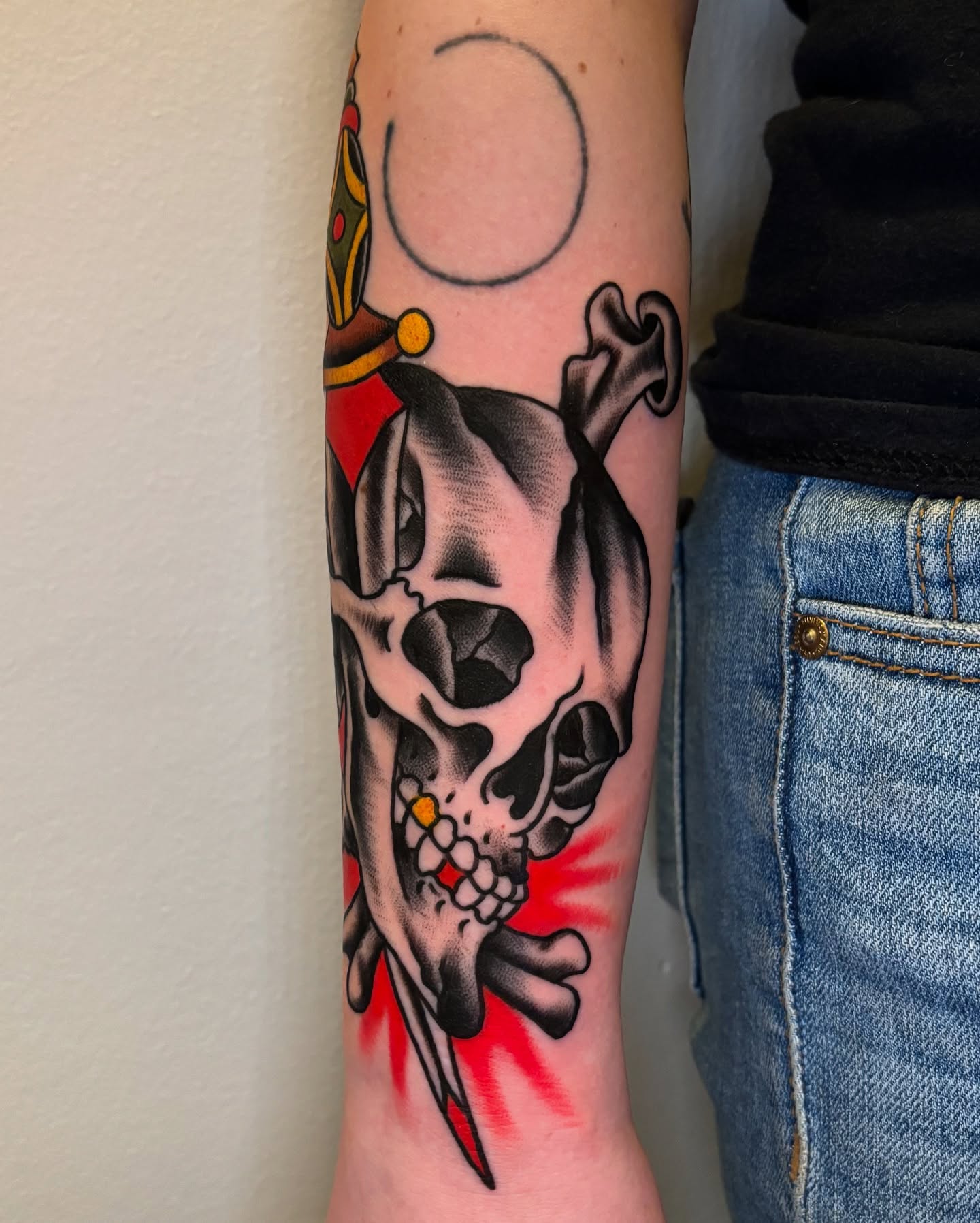 Skull and crossbones American traditional tattoo on the forearm by Mike Maciejewski:Chicago Tattoo Artist
