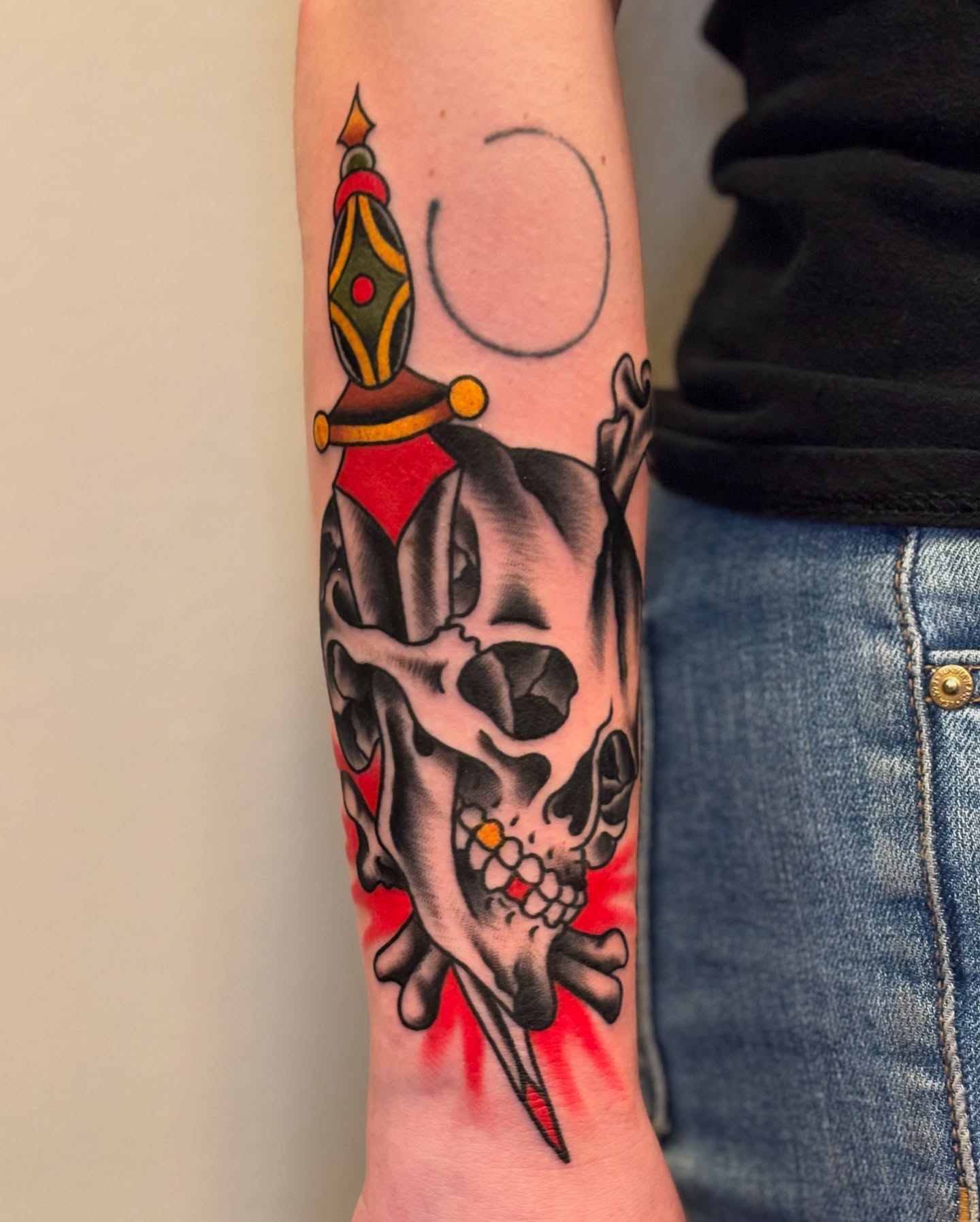 Skull and dagger American traditional tattoo on the forearm by Mike Maciejewski:Chicago Tattoo Artist
