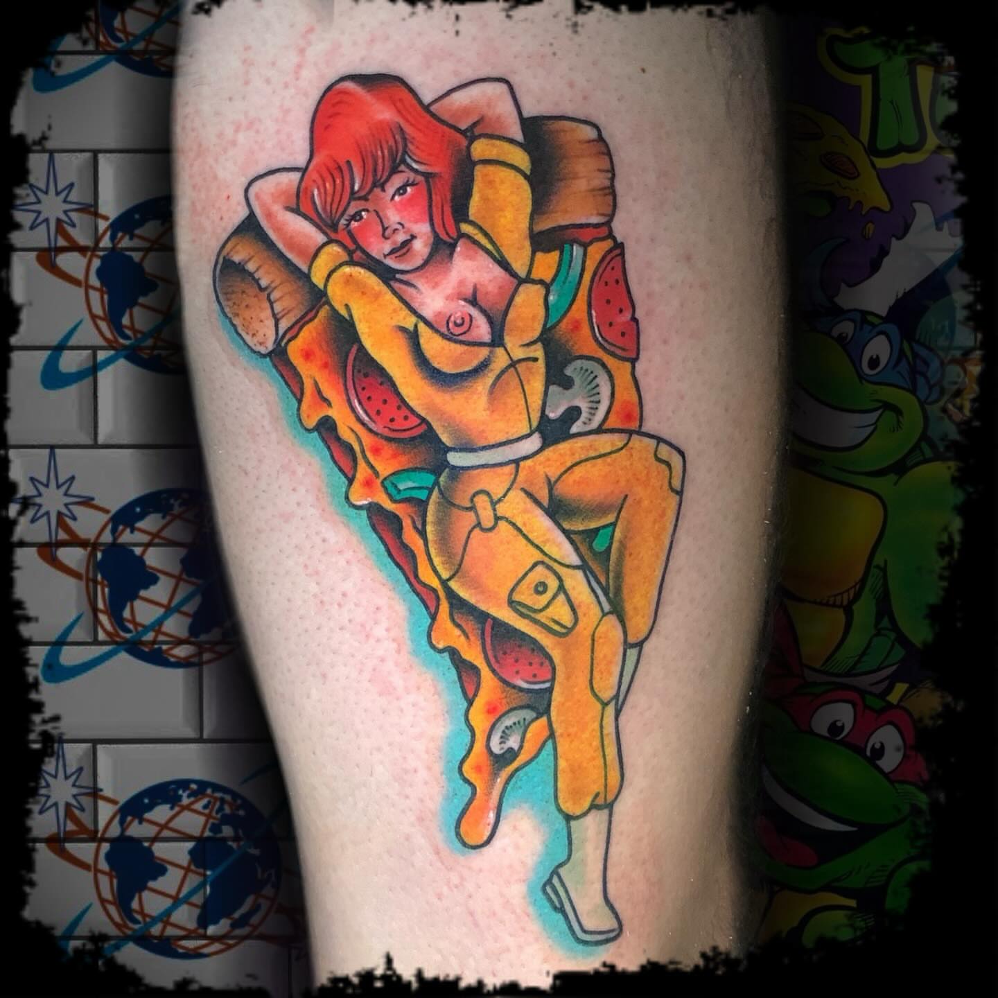 Space explorer new school tattoo on the thigh by Antonio DeCaro