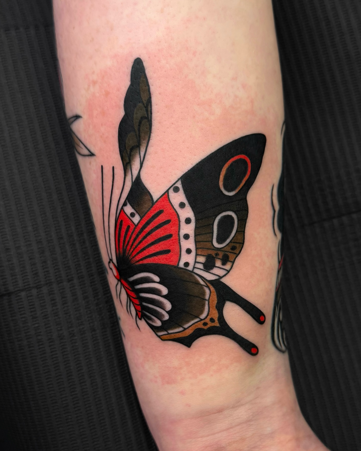 Butterfly American traditional tattoo on the forearm by 𝒟𝑜𝓃𝓃𝒶 𝒥 ࿏ Portland Tattoo Artist