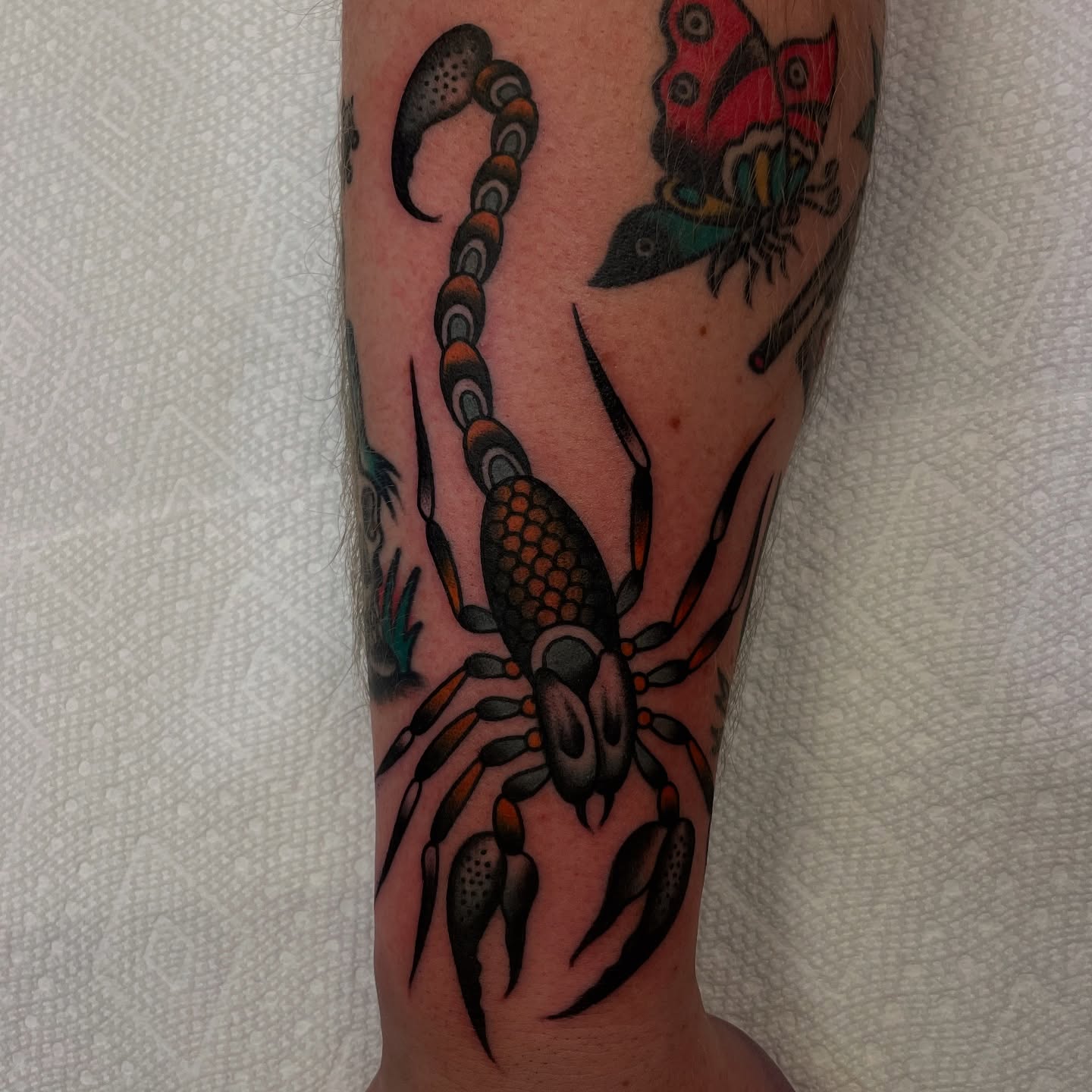 Scorpion and butterfly American traditional tattoo on the forearm by Texas Jonah