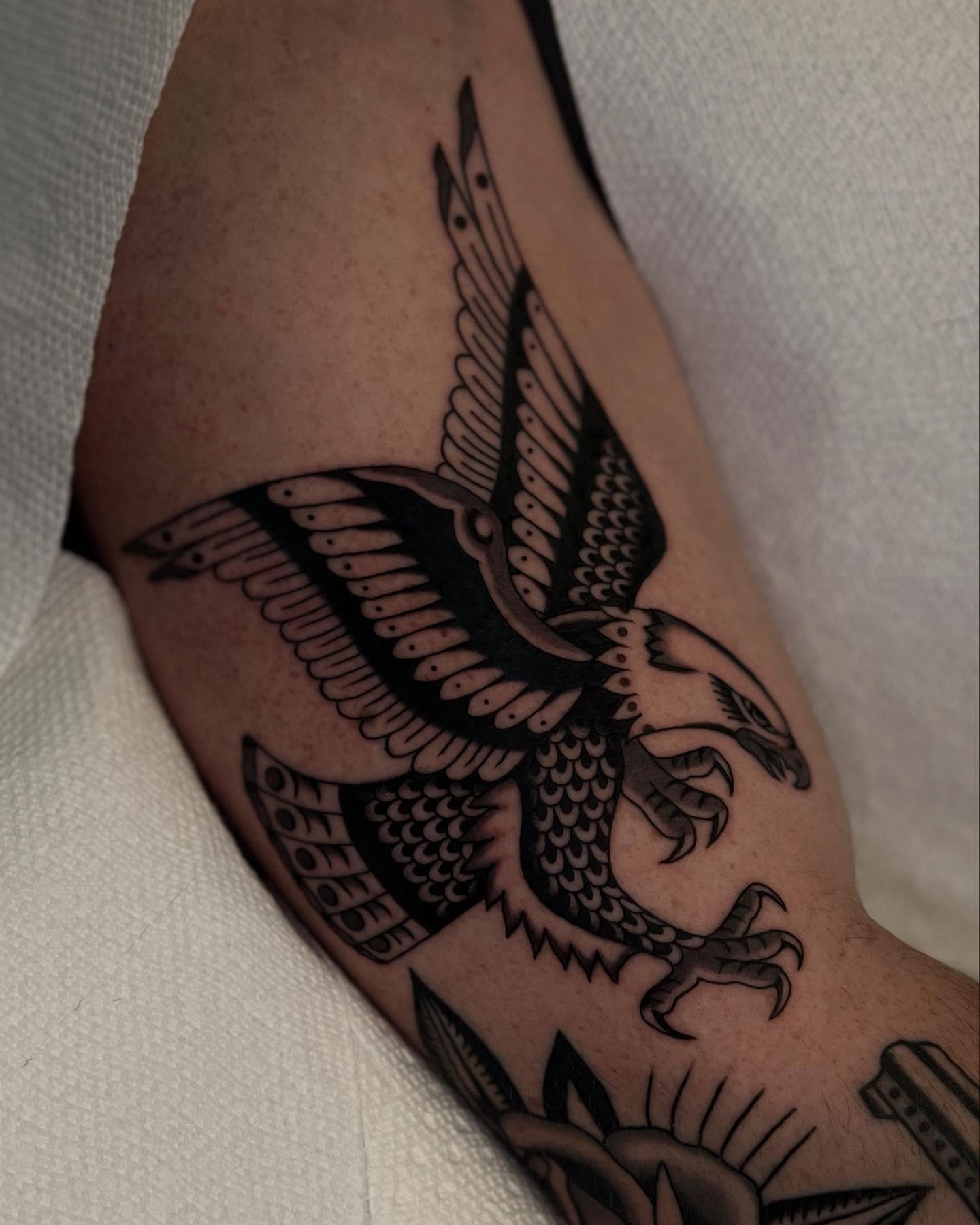 Eagle American traditional tattoo on the forearm by Syd Sayyah