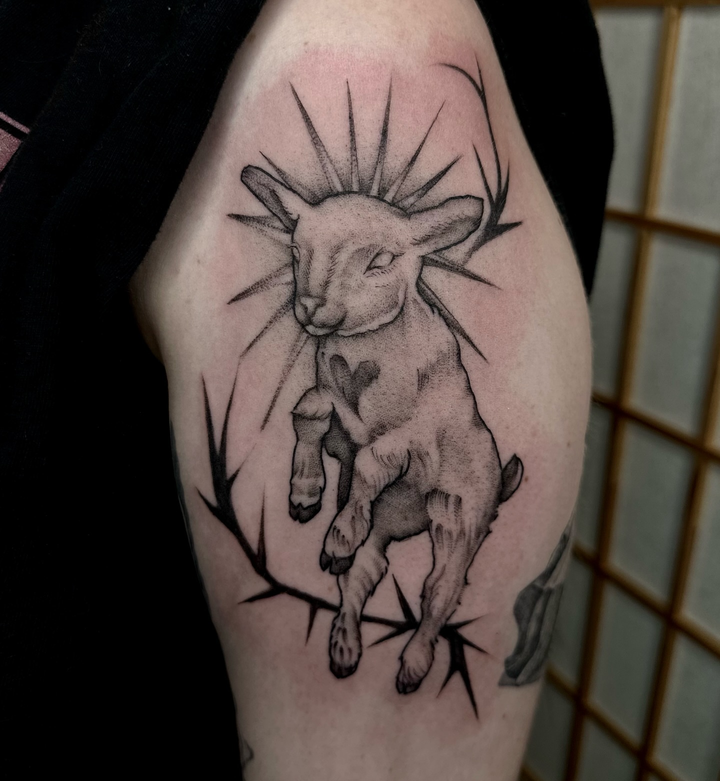Goat dotwork tattoo on the forearm by cora cupid
