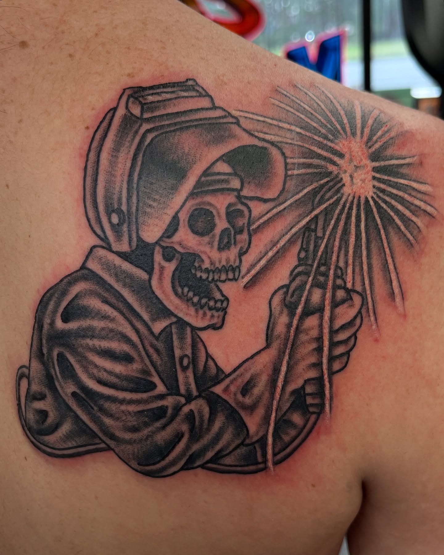 Firefighter skeleton welding realism tattoo on the shoulder by Steve Tiberi