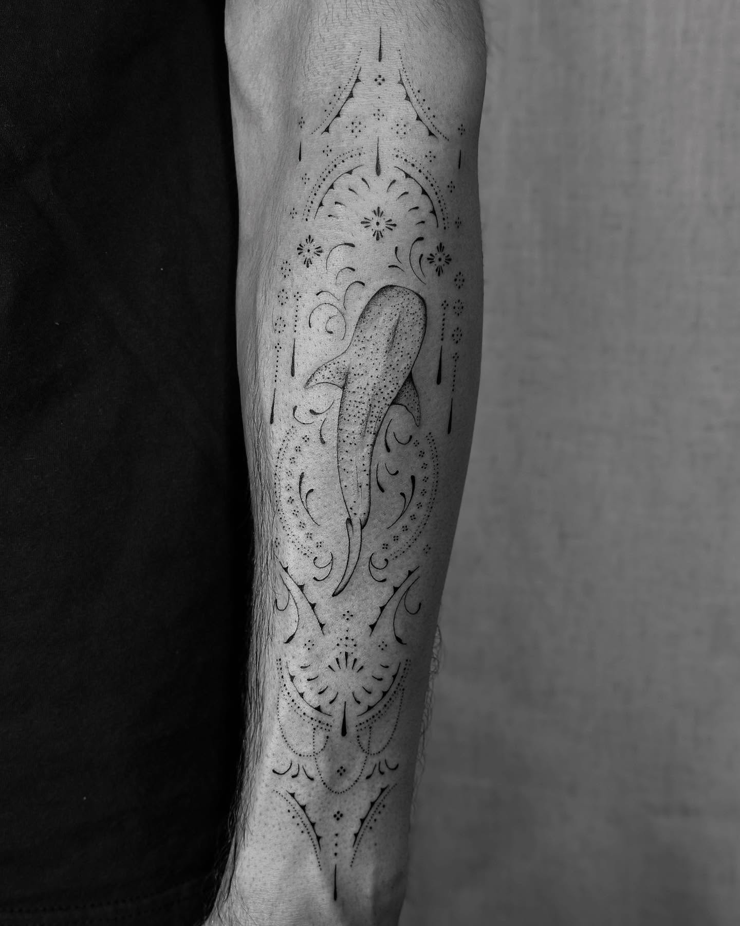 Abstract floral pattern dotwork tattoo on the forearm by ꕥ LANA MOON TATU ꕥ