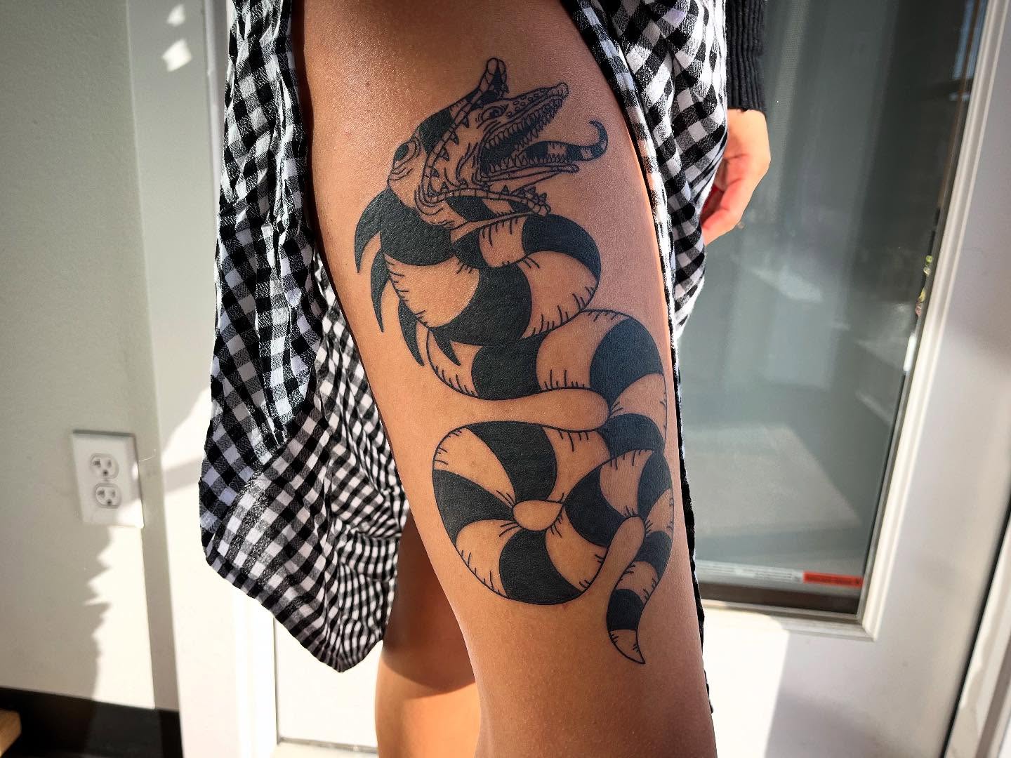 Snake and wolf black and grey tattoo on the thigh by Peach ๐, Portland, Oregon