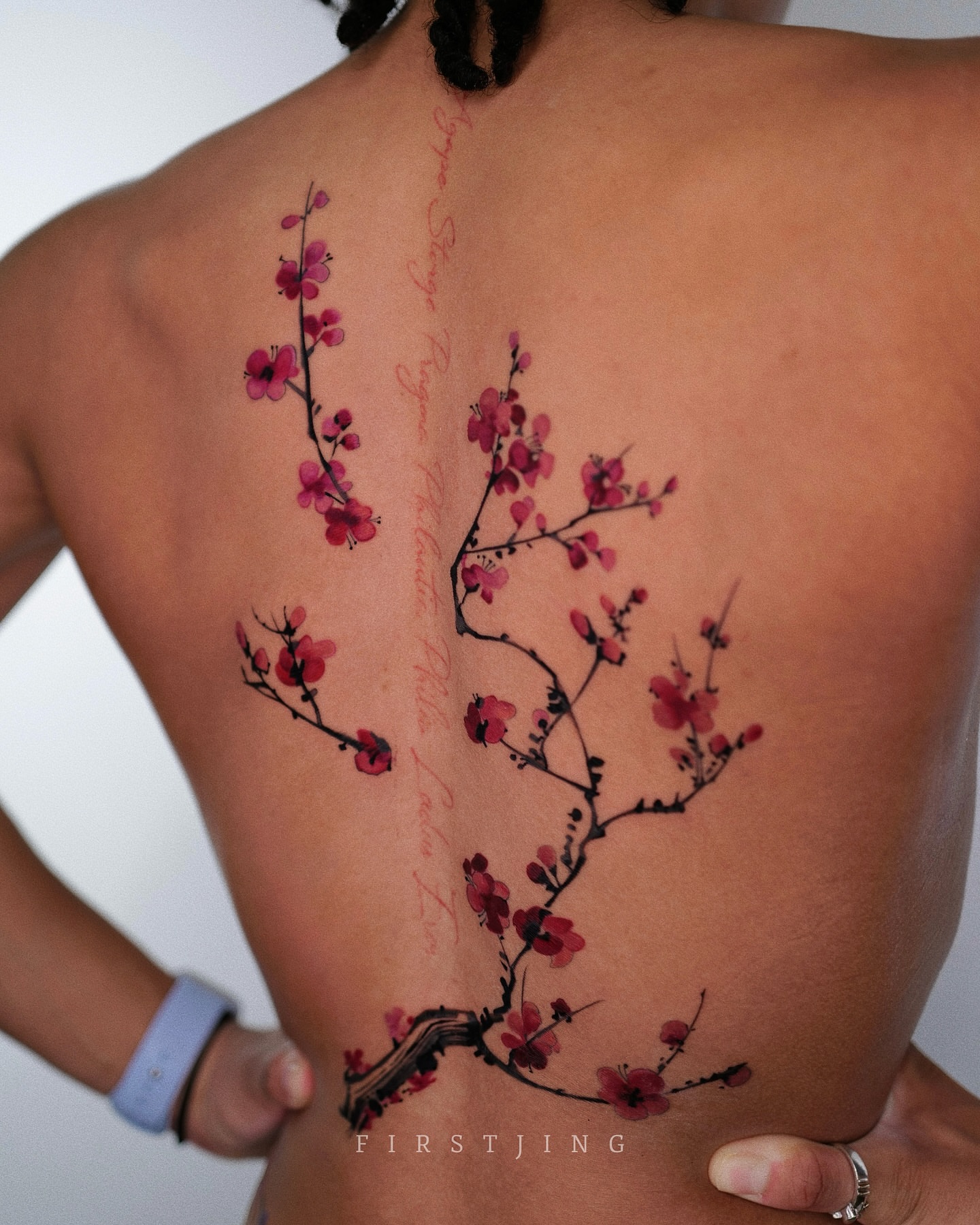 Cherry blossom tree watercolor tattoo on the back by Seattle
