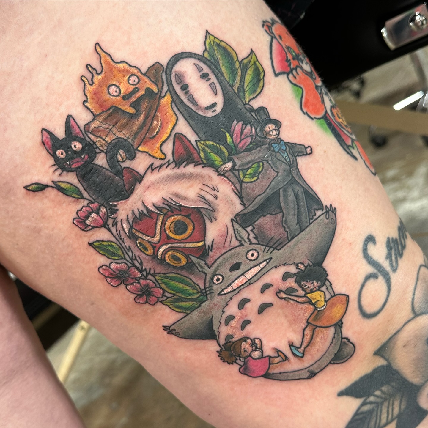 Studio Ghibli characters anime tattoo on the thigh by Emily K Lingg