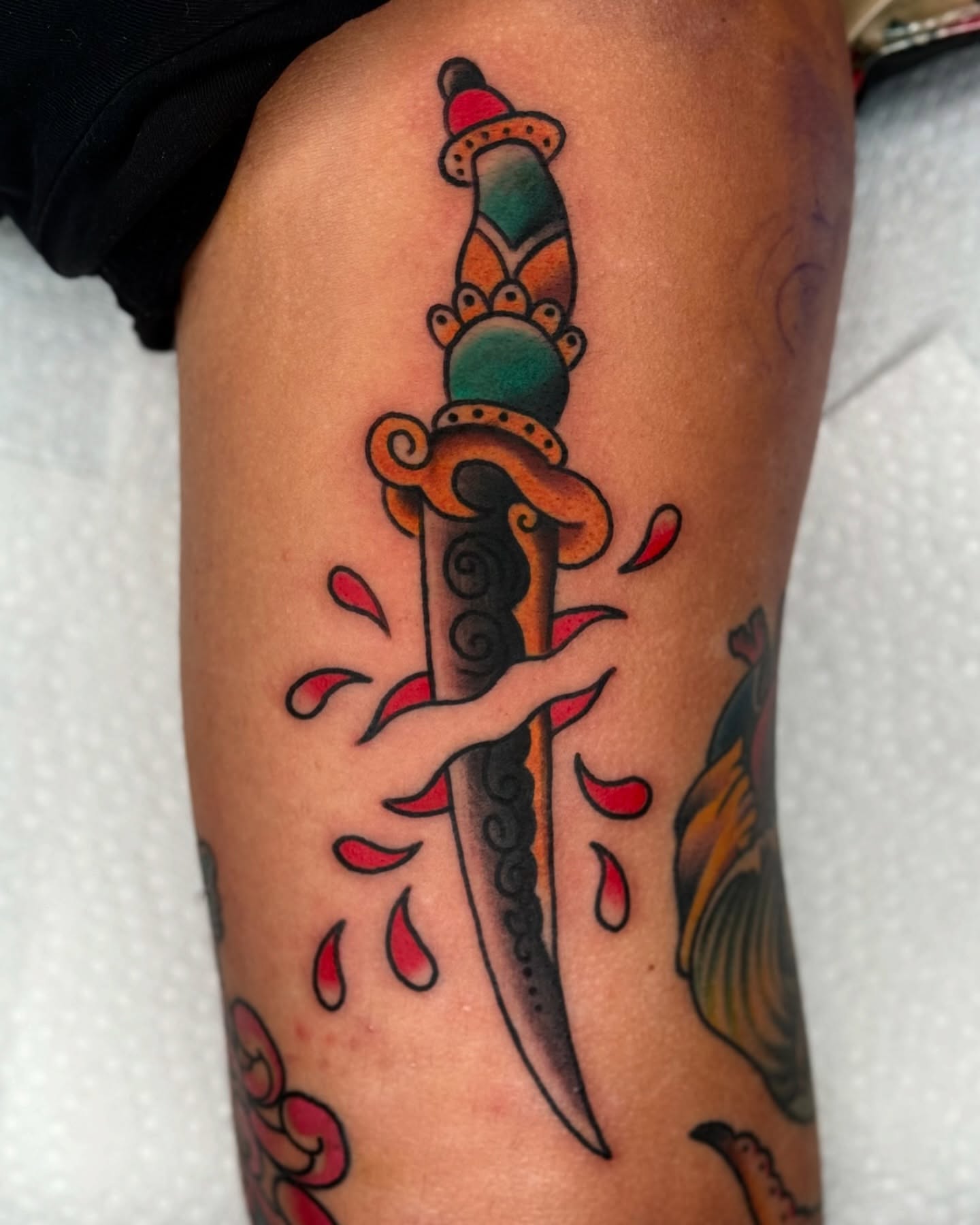 Knife with dripping blood American traditional tattoo on the thigh by Domanick Libretti, Nashville, Tennessee