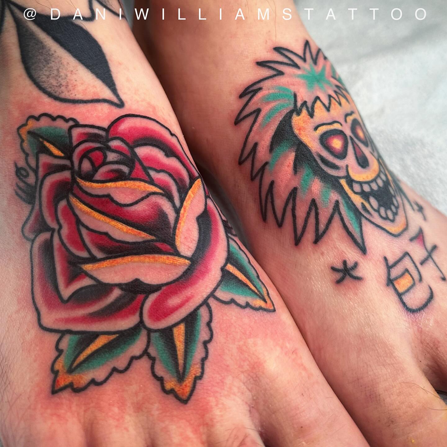 Rose and skull American traditional tattoo on the forearm by Dani Johnson
