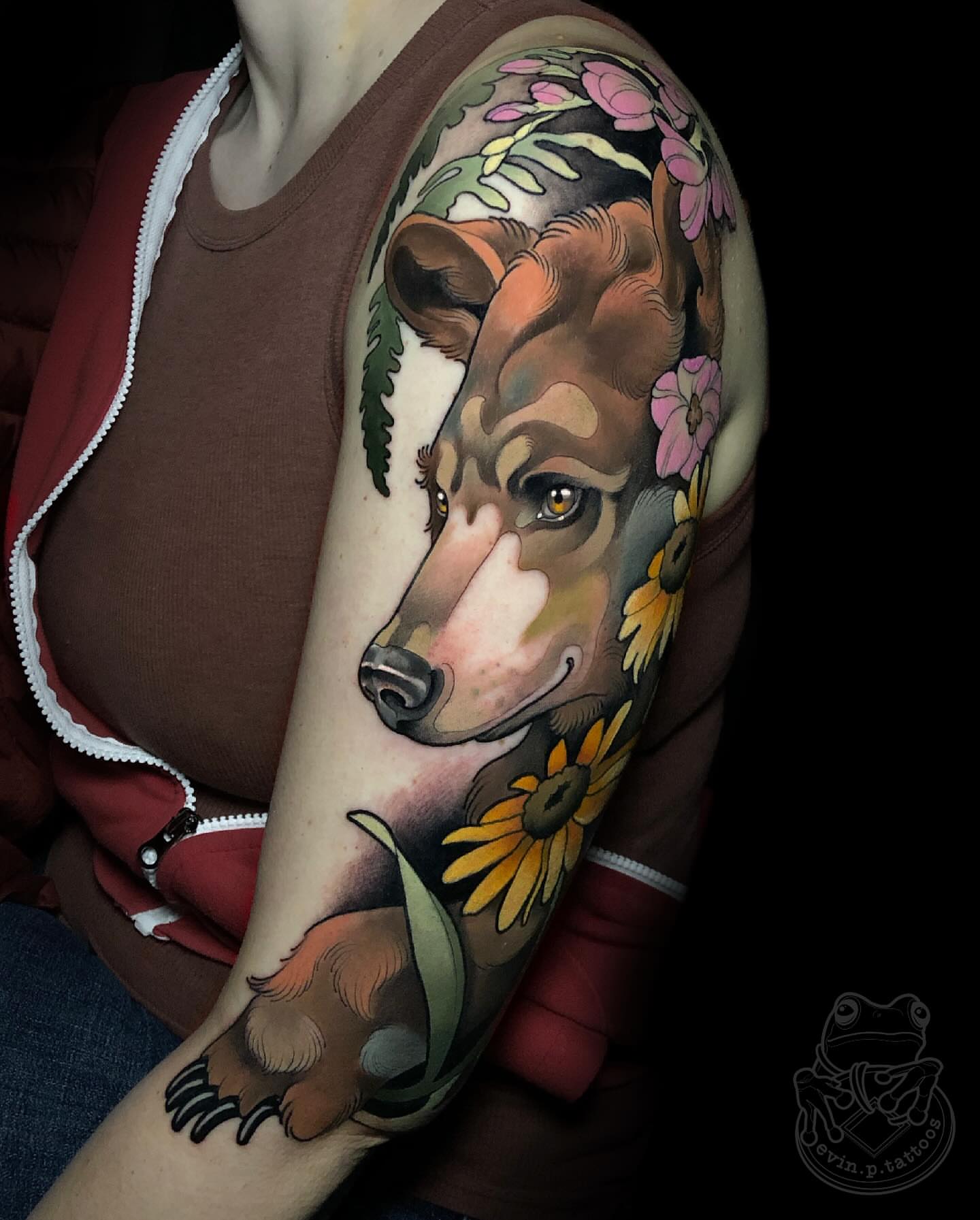 Bear with flowers realism tattoo on the forearm by Evin Pfaff, Bedford, Pennsylvania