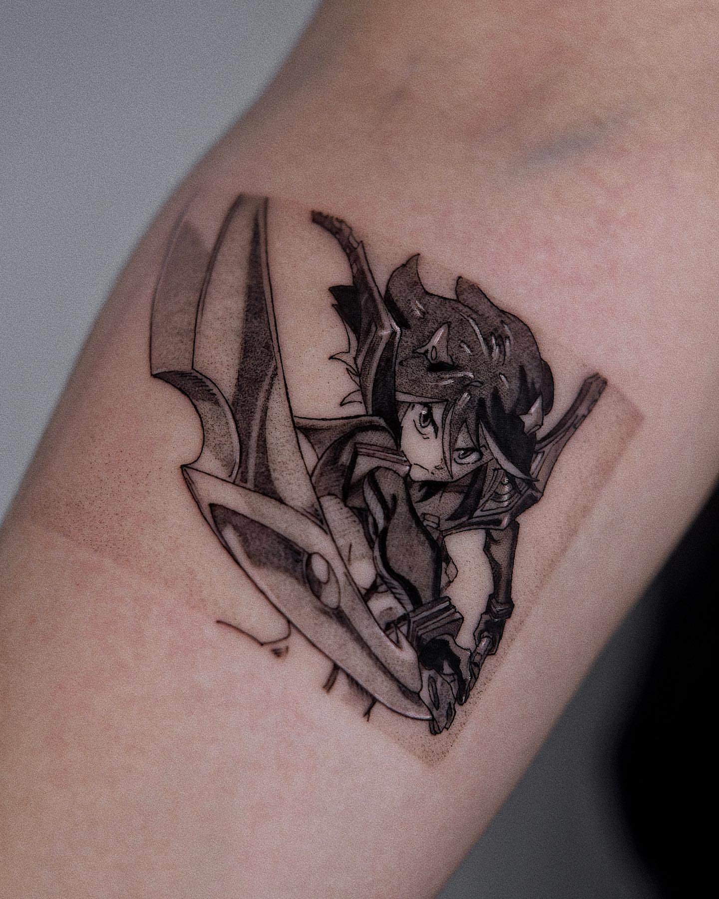 Anime character with sword anime tattoo on the forearm by Anime, Amsterdam, Noord-Holland