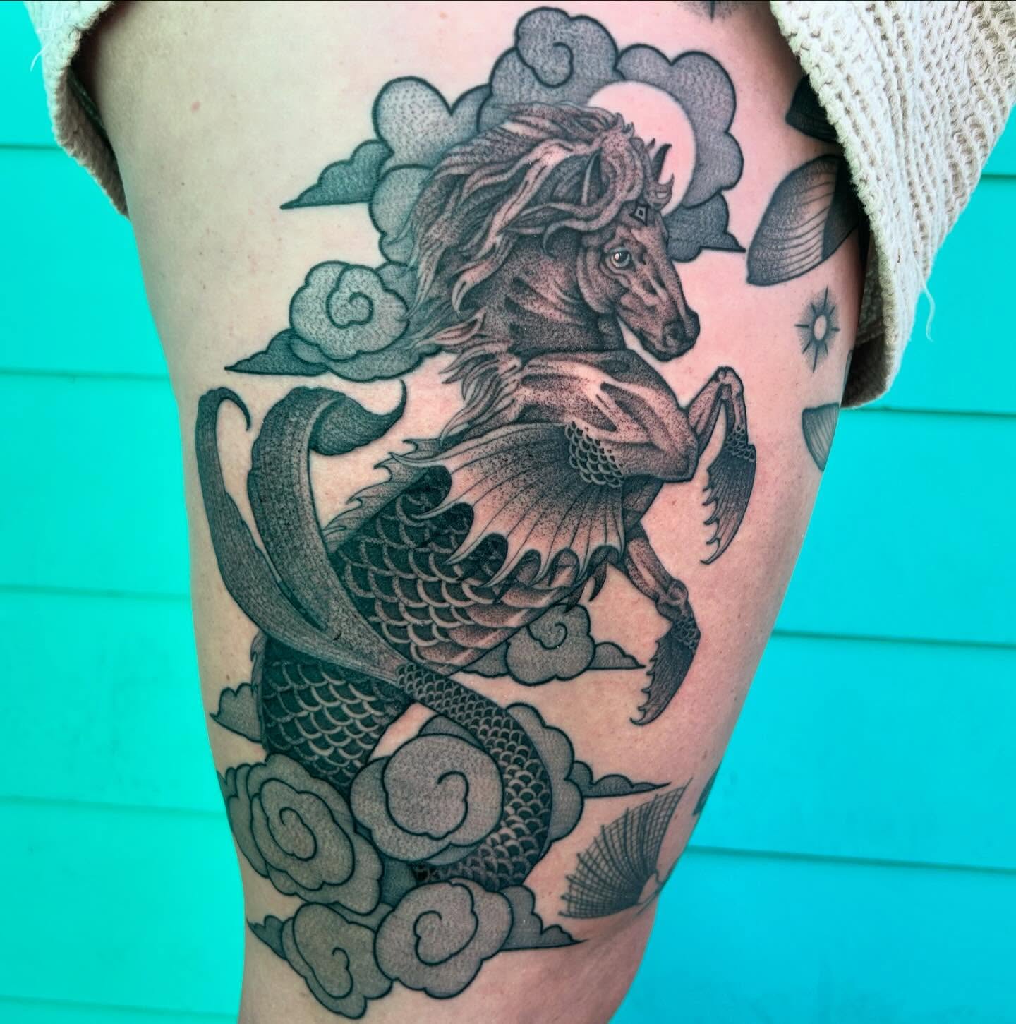 Tattoo by @catzilla_tattoos — dotwork, black_and_grey
