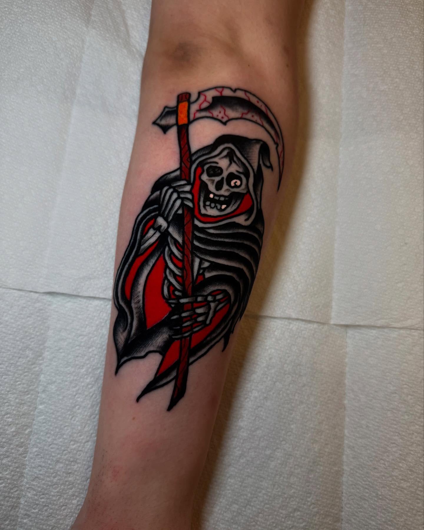 Grim reaper American traditional tattoo on the forearm by Noah Diffenderfer, Phoenix, Arizona