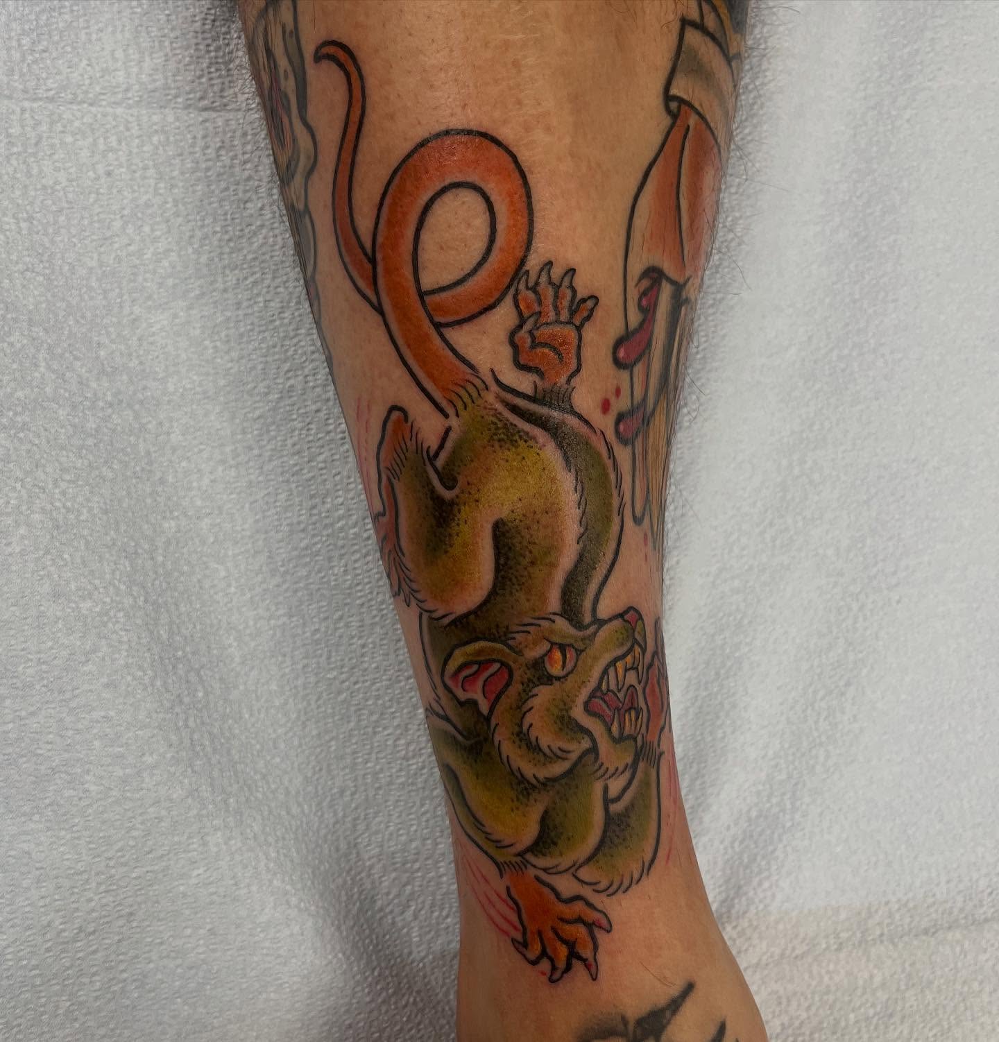 Dragon American traditional tattoo on the forearm by Allie Tippets, Gilbert, Arizona