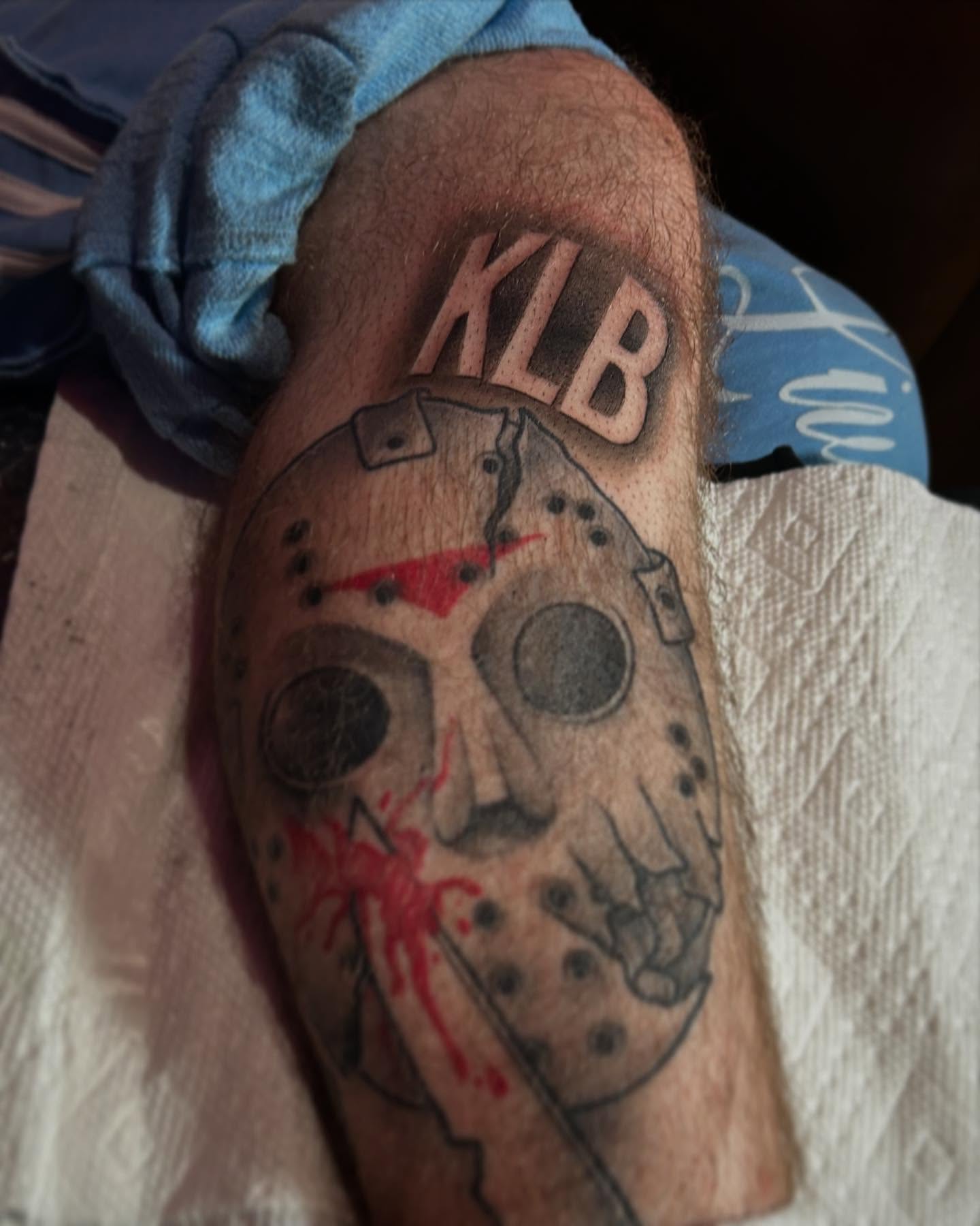 Jason voorhees mask trash polka tattoo on the thigh by 302inkgod, Wilmington, Delaware