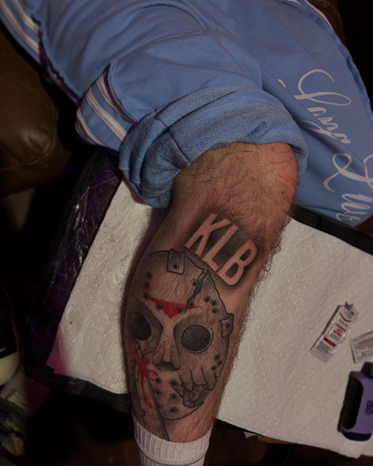 Jason voorhees mask black and grey tattoo on the forearm by 302inkgod, Wilmington, Delaware