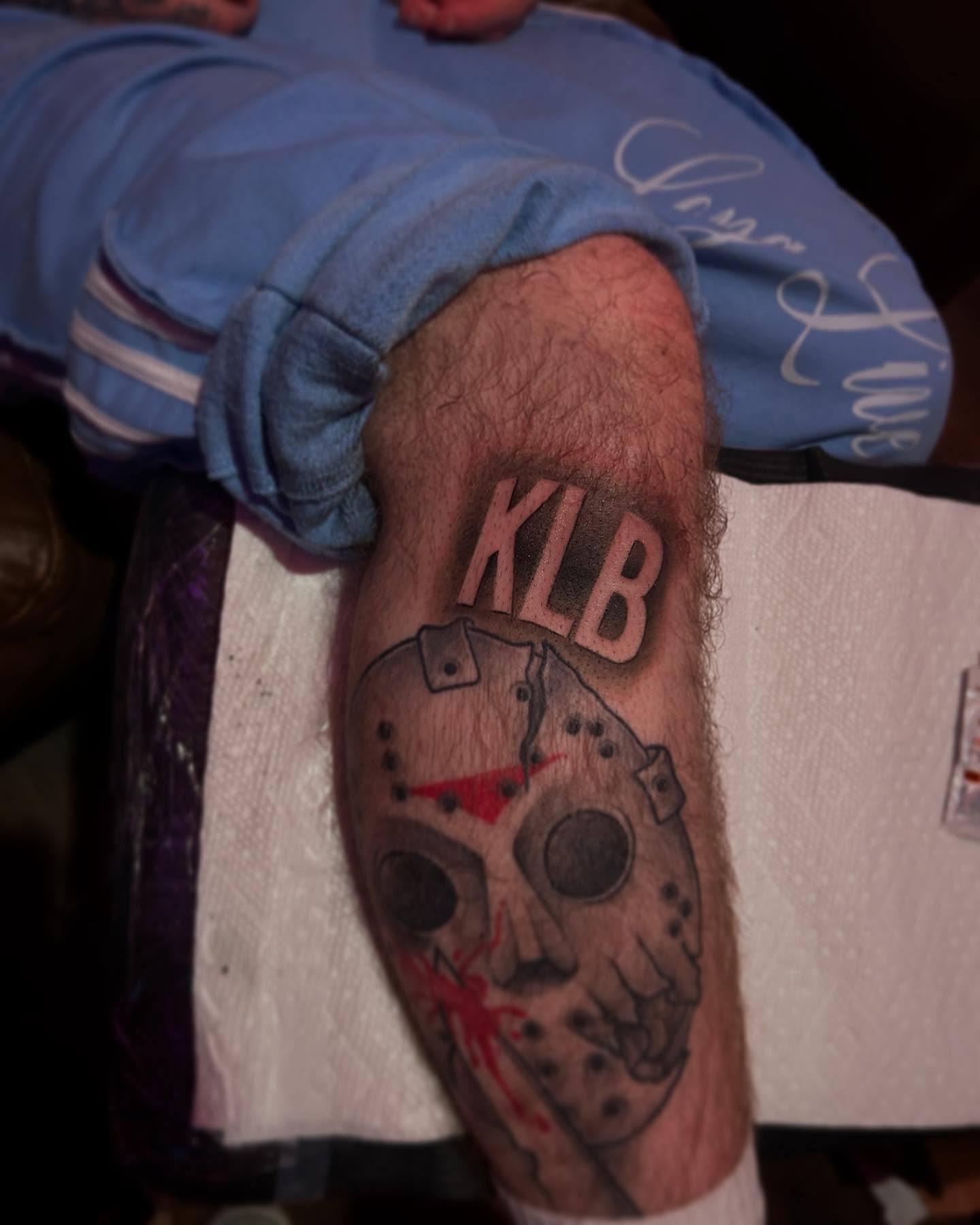 Jason mask trash polka tattoo on the forearm by 302inkgod, Wilmington, Delaware