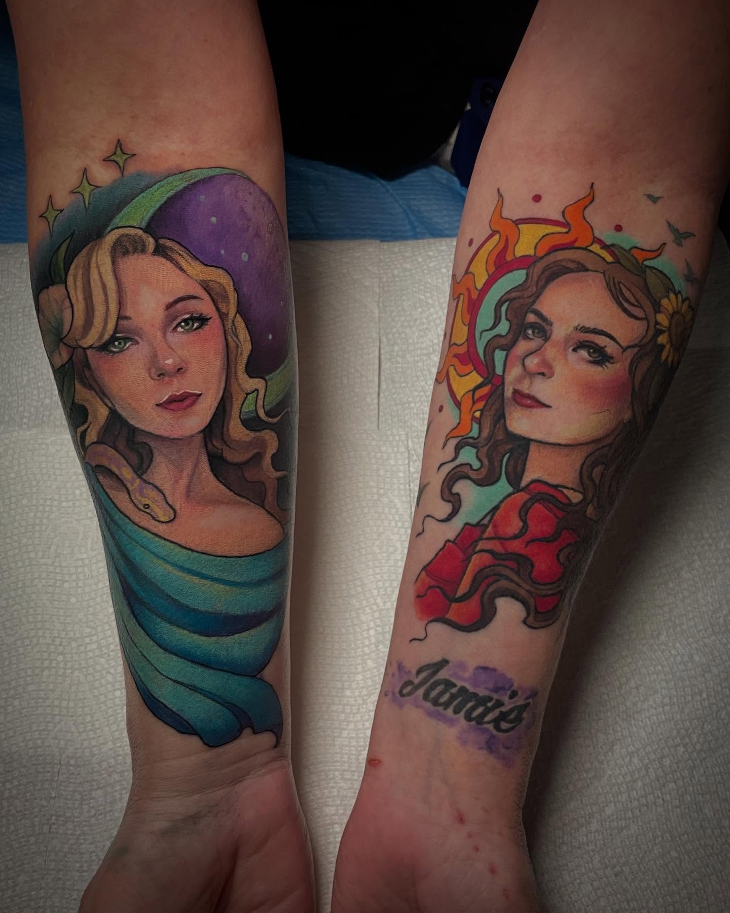 Portrait realism tattoo on the forearm by Leah Marie, Cincinnati