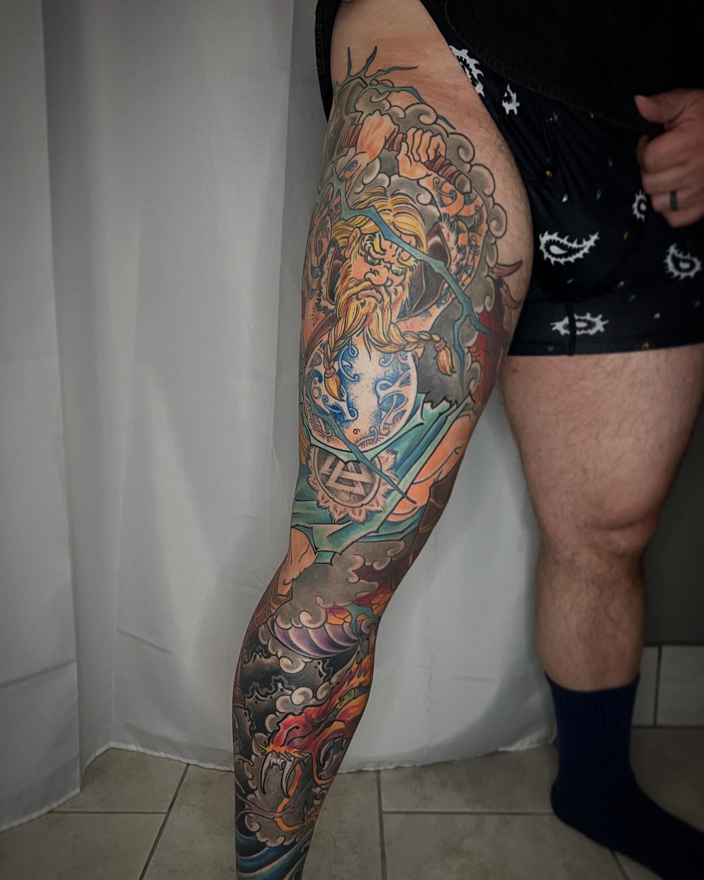 Mythical warrior American traditional tattoo on the thigh by biggstattoos