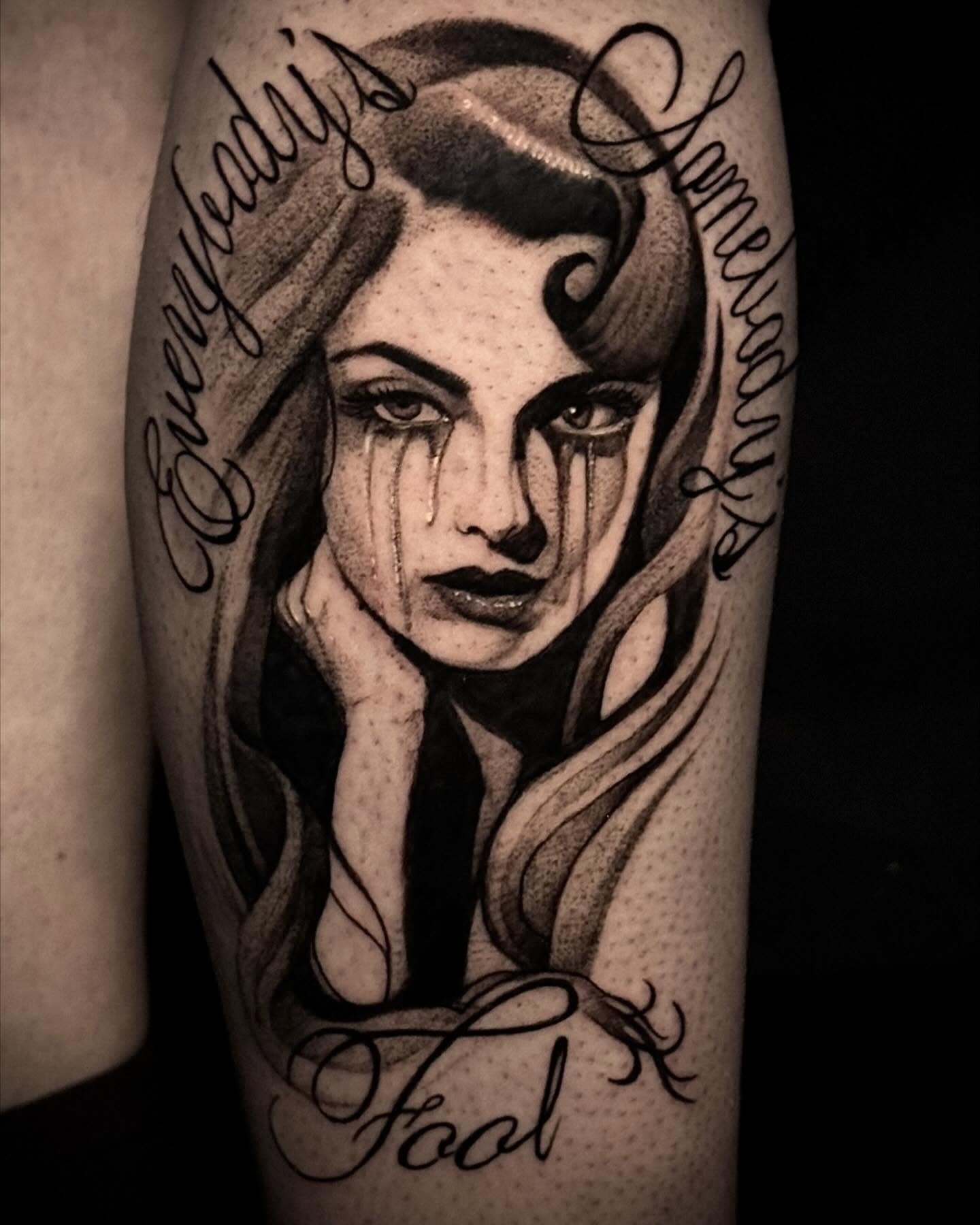 Tearful woman dotwork tattoo on the forearm by Mandi Marie, Charlotte, North Carolina