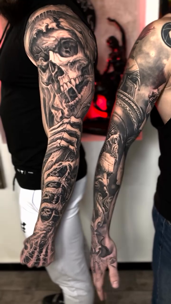 Skull and classical bust sleeve realism tattoo by Tony Ink