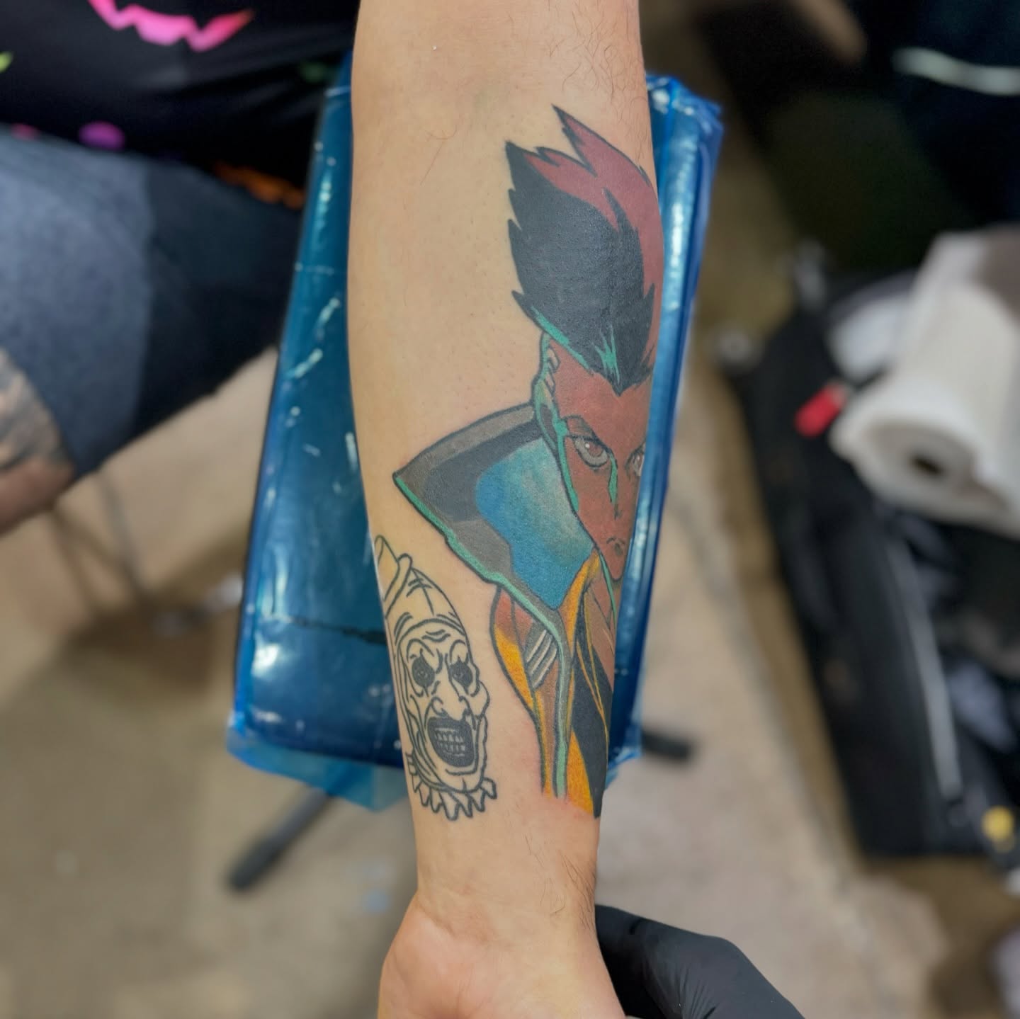 Anime character anime tattoo on the forearm by Michael James, Bronx, New York