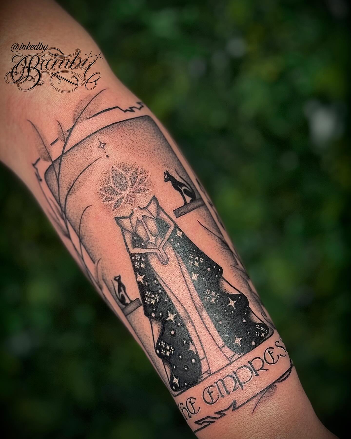The empress tarot card black and grey tattoo on the forearm by Ember