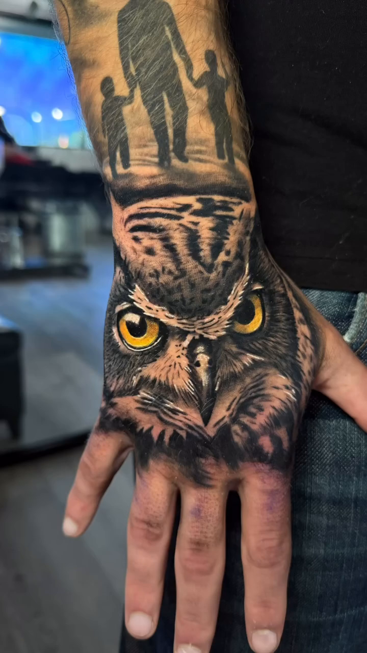 Owl face and family silhouette realism tattoo by Rafa