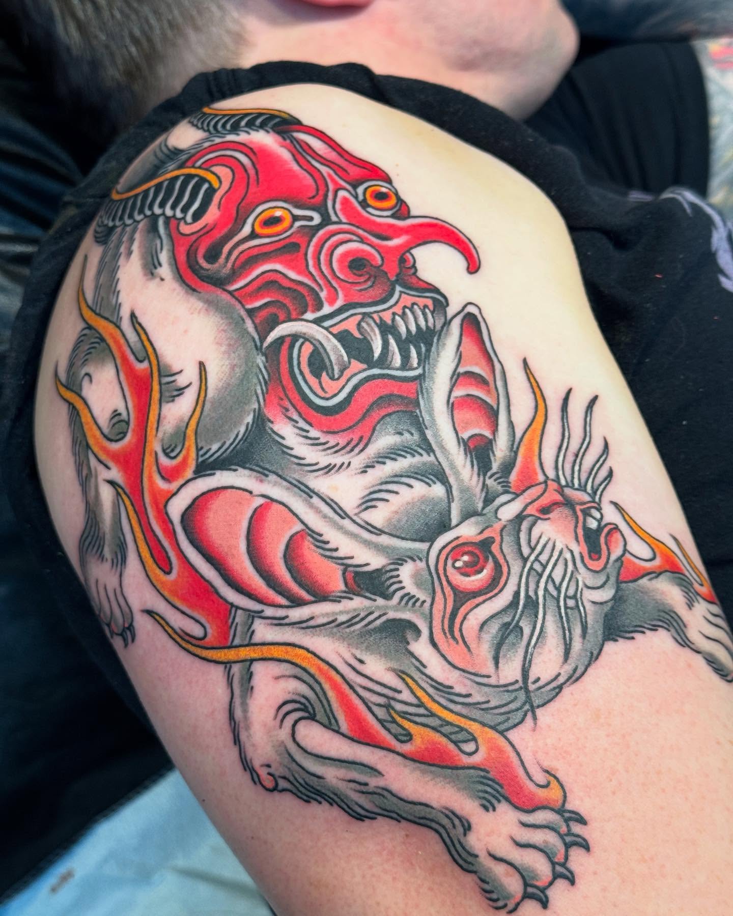 Demon japanese irezumi tattoo on the shoulder by Derek Noble, San Francisco, California