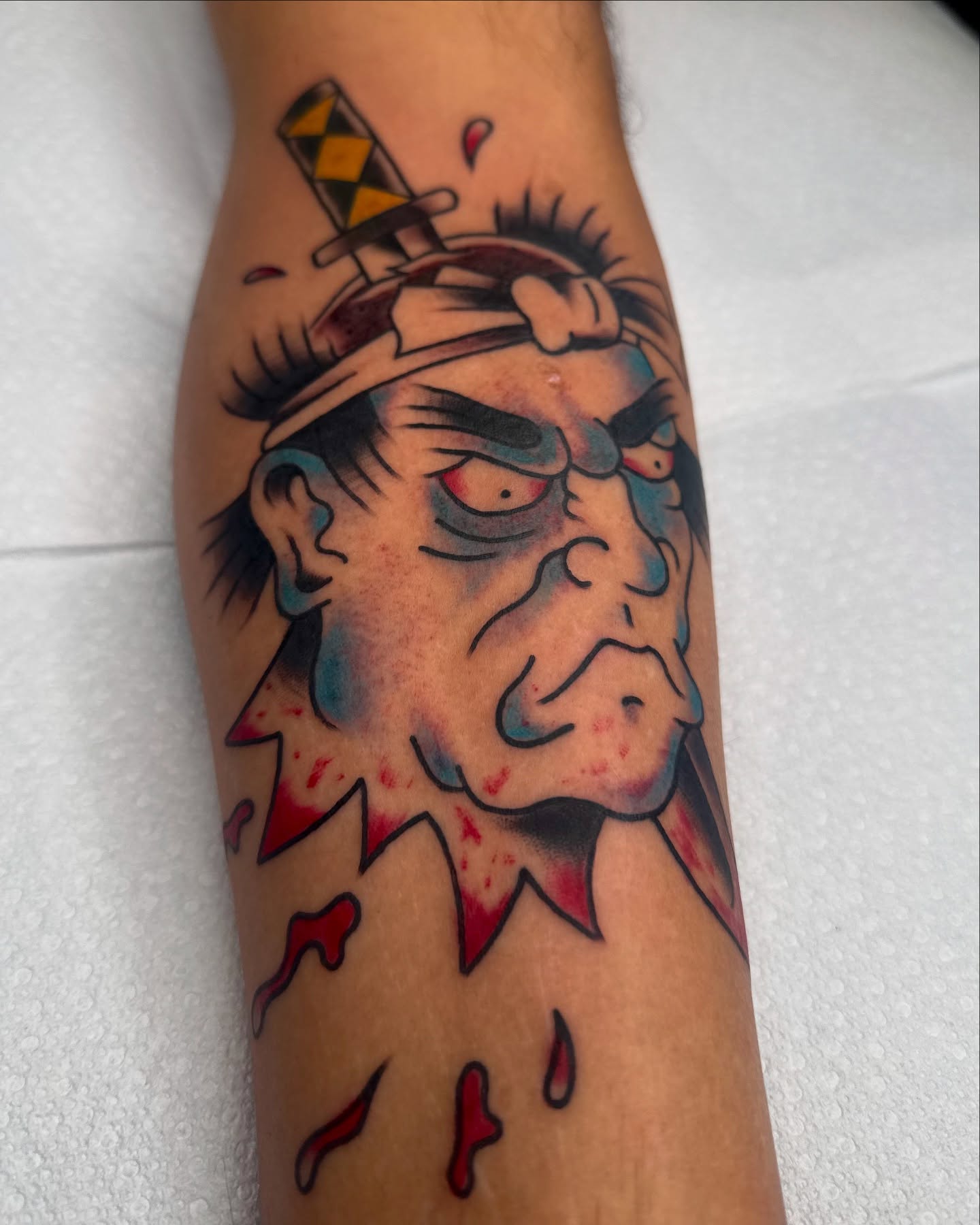 Angry old man realism tattoo on the forearm by Drew🕸️, Phoenix, Arizona