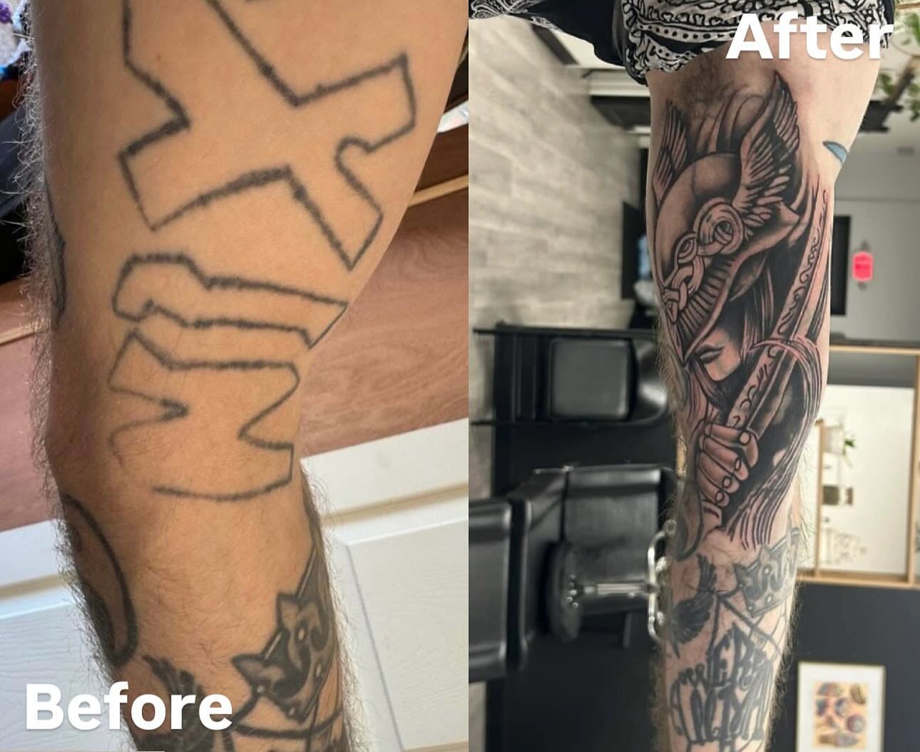 Woman with wings black and grey tattoo on the forearm by Alyssa Turner