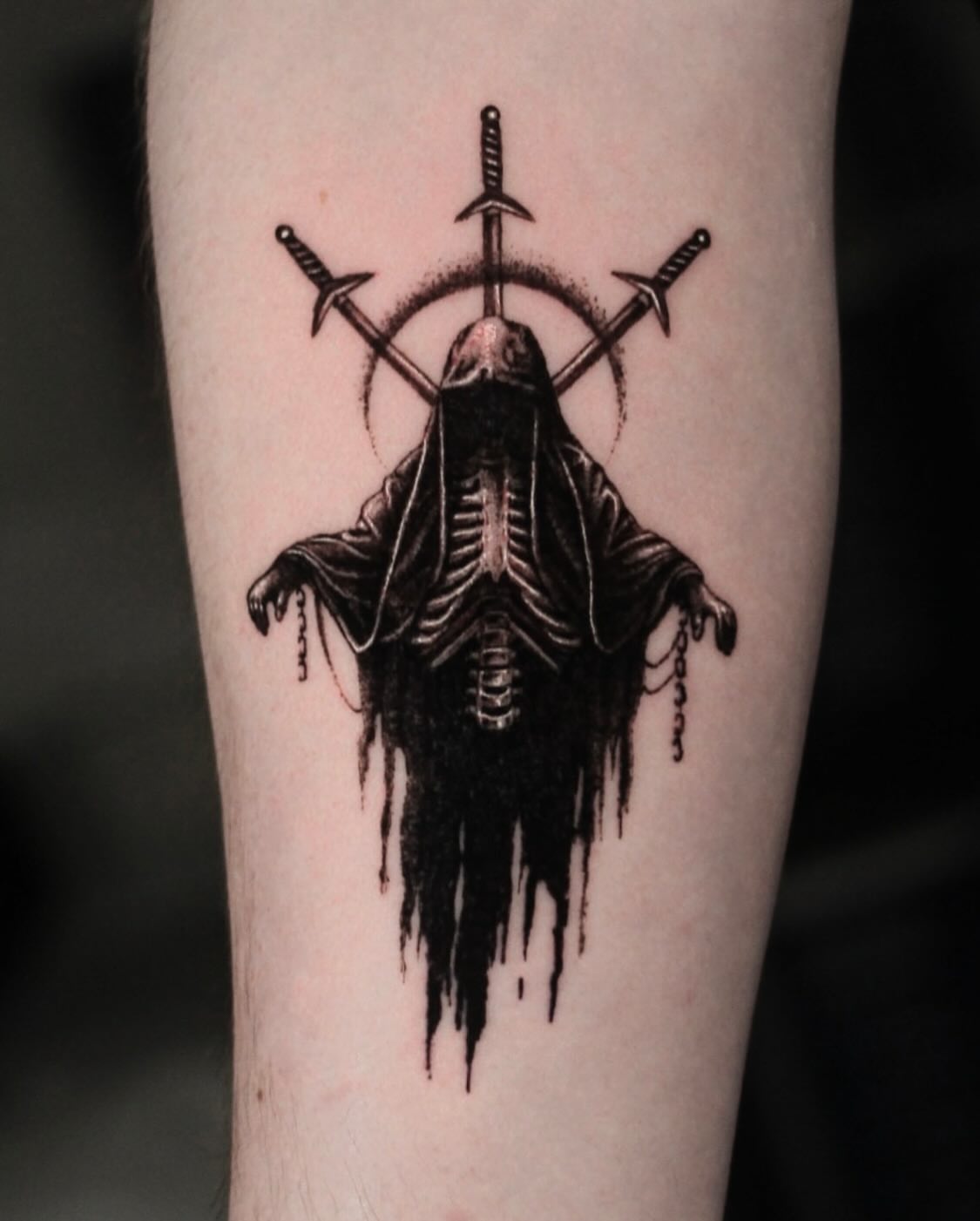 Skeleton with swords blackwork tattoo on the forearm by H.black