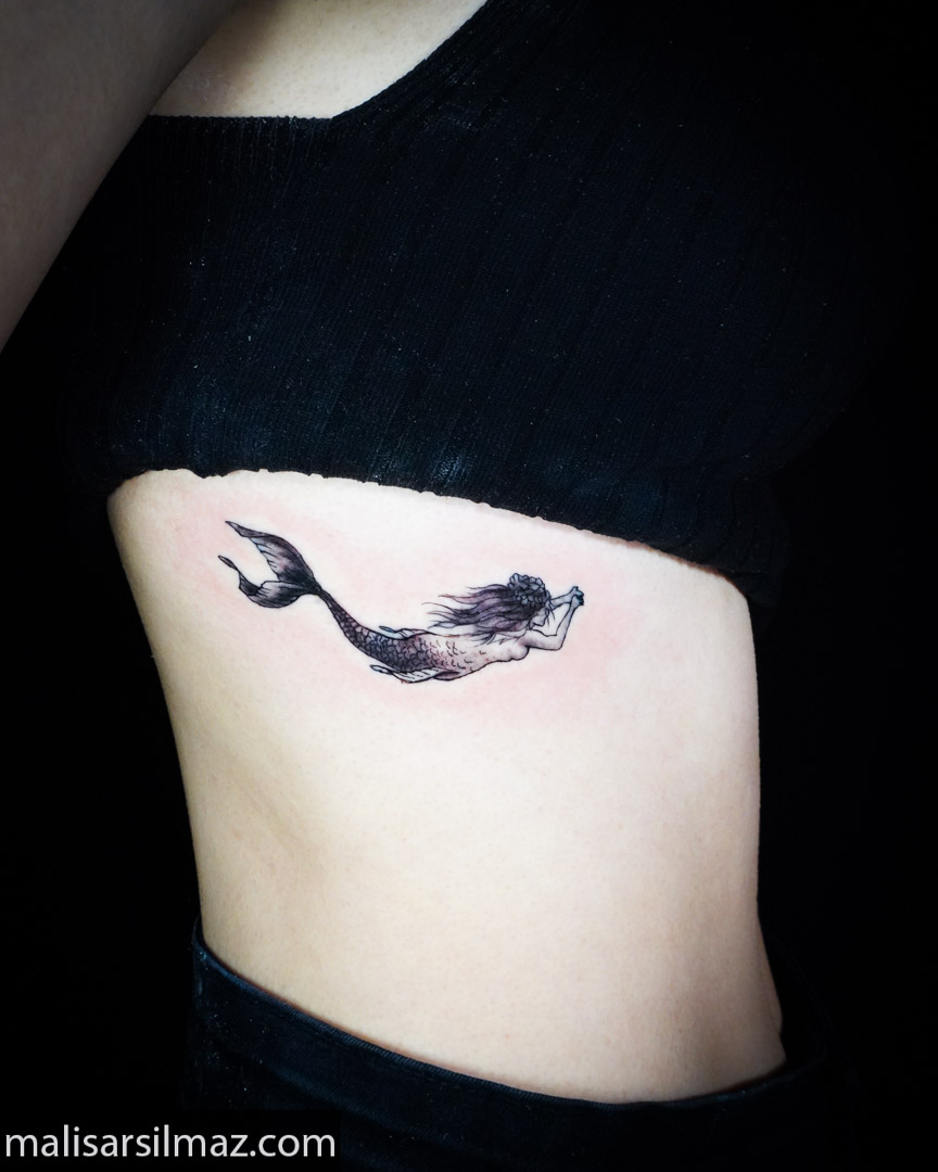 Mermaid black and grey tattoo on the ribs by Mali Sarsılmaz, Nicosia, Cyprus